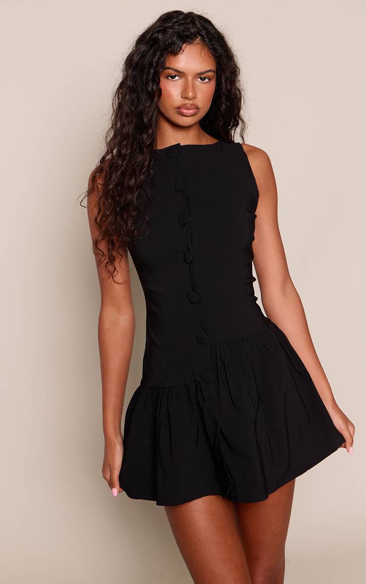 Noir Robe Trapèze Asymétrique En Tissu Stretch Avec Boutonnage
