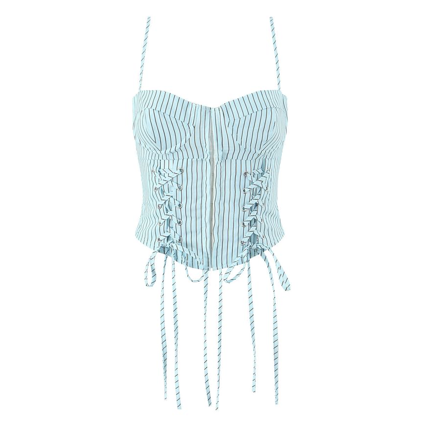 Avauntgardo - Gestreepte crop top met haak-en-oog vetersluiting
