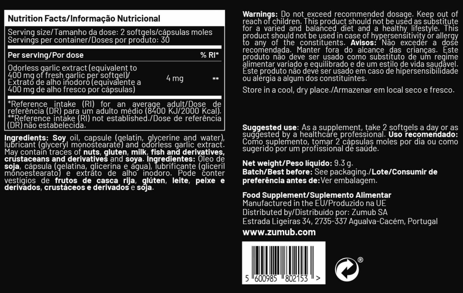 Zumub Alho Inodoro 60 Cápsulas Softgel