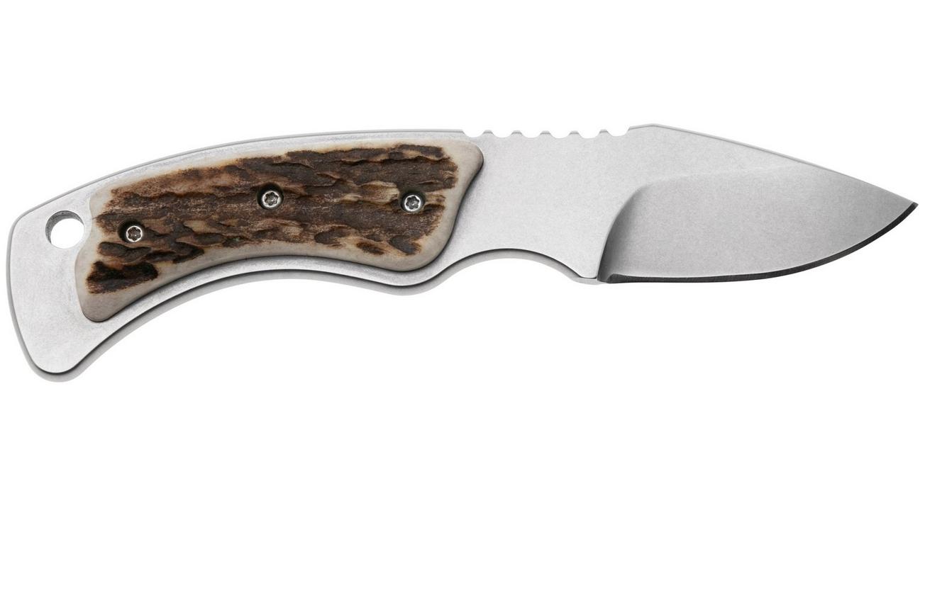 Maserin Mini Trapper 924-CV-2 Stonewashed Elmax, Stag Horn, Leather Sheath Restraining Strap, klein vaststaand jachtmes