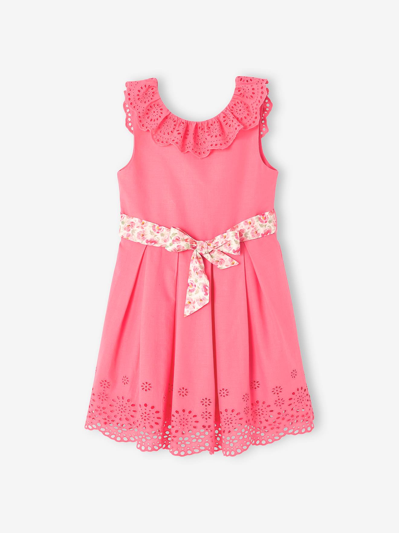 Vestido de festa com detalhes em bordado inglês, rosa médio liso para menina.