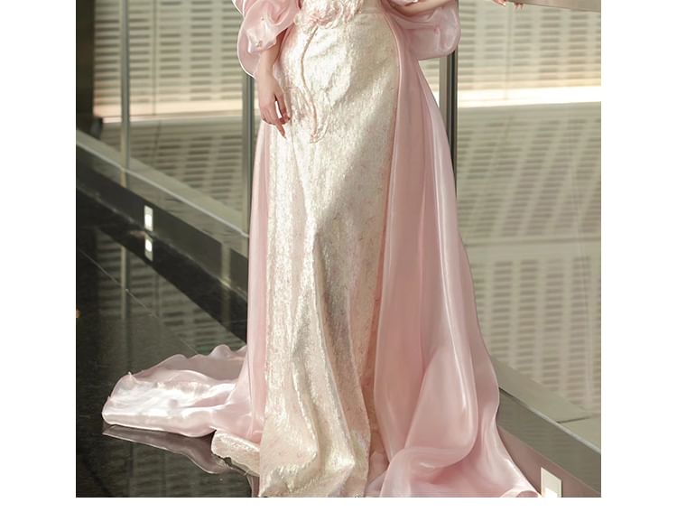 Fioridi - Off-shoulder avondjurk met pofmouwen en bloemenpailletten