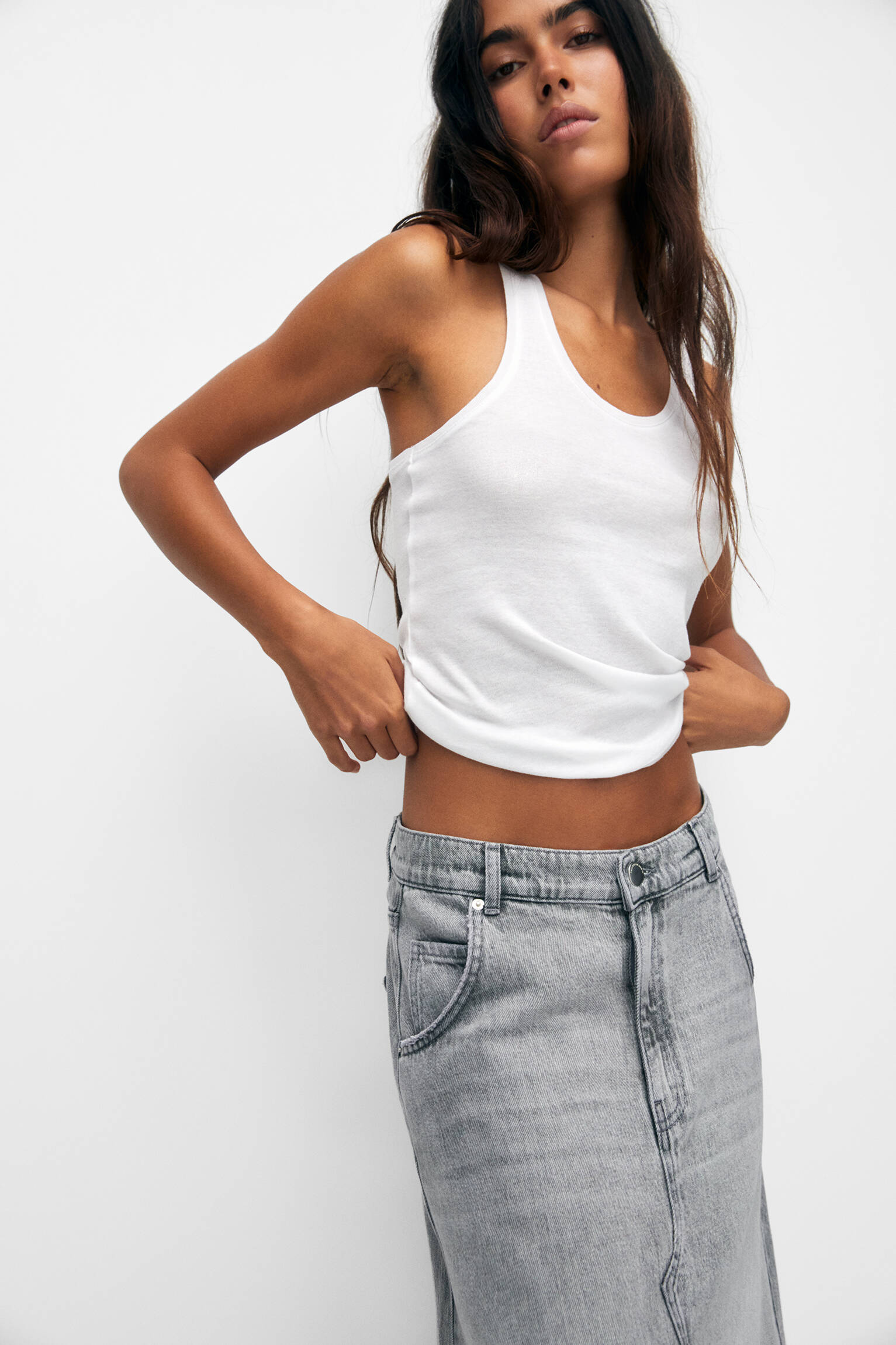Saia longa maxi jeans - cinza