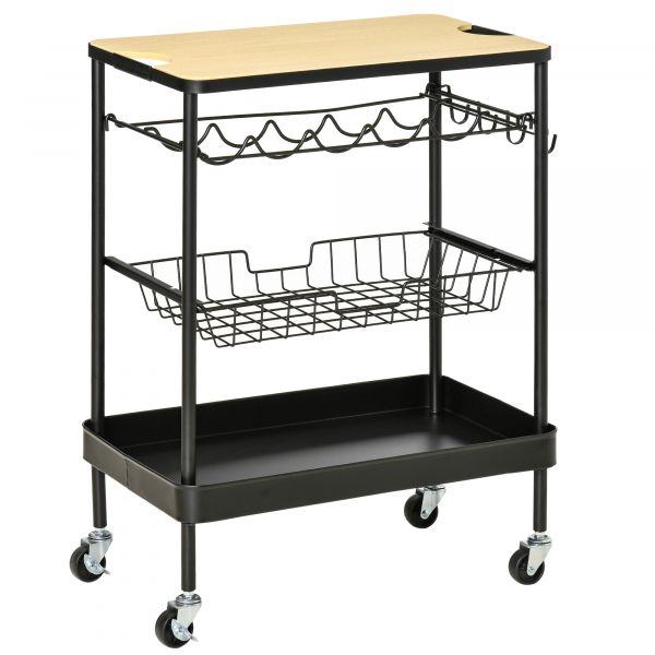 Homcom Carrinho de Cozinha com Rodas Carrinho de Cozinha Multiuso com Suporte para Garrafas Cesta 60,5x35,5x75cm Preto e Carvalho