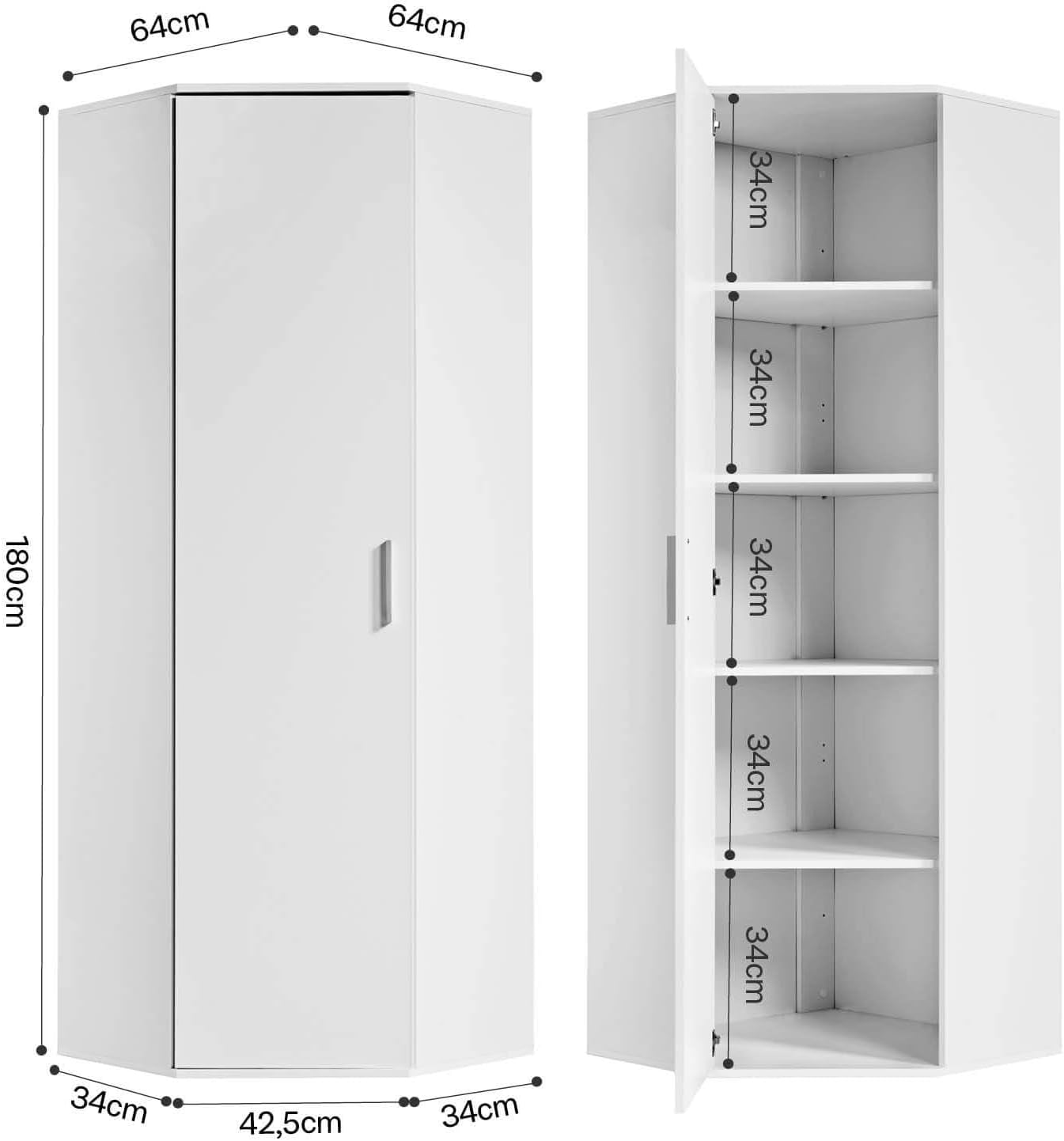 mokebo Eckschrank Mehrzweckschrank 'Der Lange' (64x180 cm) aus Holz, Aktenschrank für Flur oder Büro, auch als Allzweckschrank, Vorratsschrank oder Haushaltsschrank in Weiß