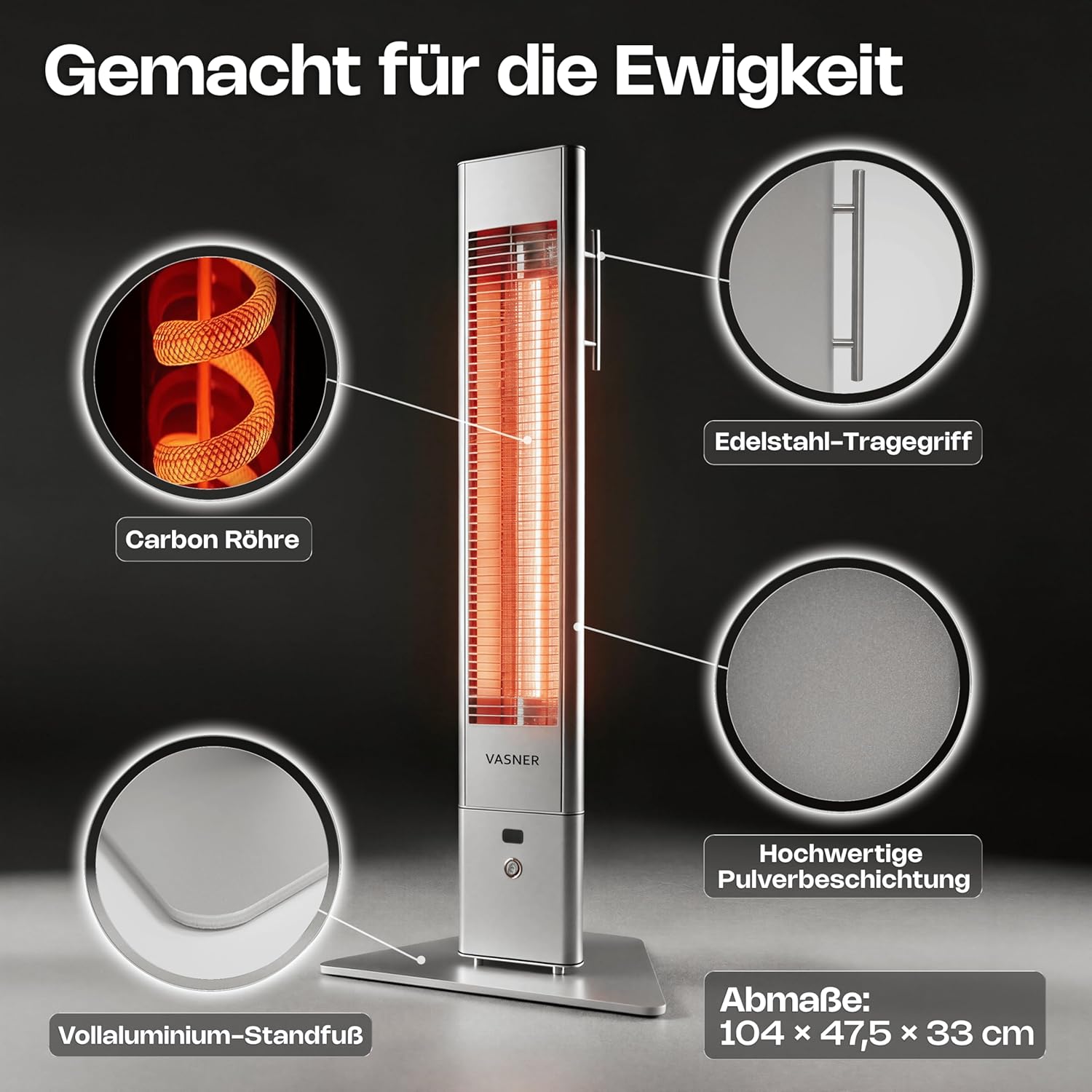 VASNER HeatTower Wärmestrahler (+ Aircape) - Infrarot Standheizstrahler 2500 Watt - Heizstrahler Terrasse elektrisch 4 Stufen - Elektro Heizstrahler Outdoor - Terrassenstrahler Infrarot Fernbedienung