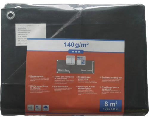Bouwhekbescherming, bouwhekzeil 140 g/m² zwart 176 x 341 cm