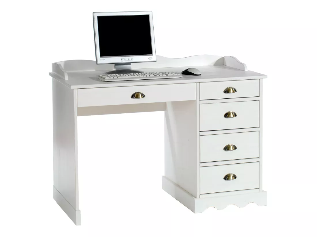 Bureau COLETTE rangement avec 5 tiroirs et plateau avec corniche, en pin massif lasuré blanc