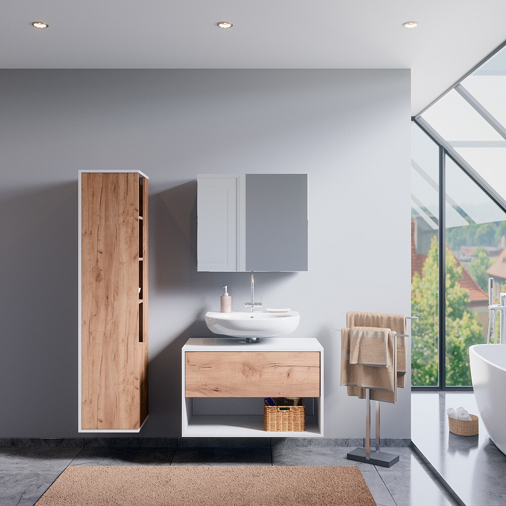 Vicco Badmöbelset Waschtischunterschrank Spiegelschrank Hochschrank Kate Weiß Eiche Badmöbel