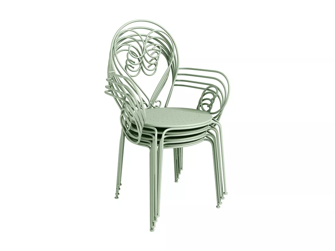 Salle à manger de jardin en métal façon fer forgé : une table D.120cm et 4 fauteuils empilables - Vert amande - GUERMANTES de MYLIA