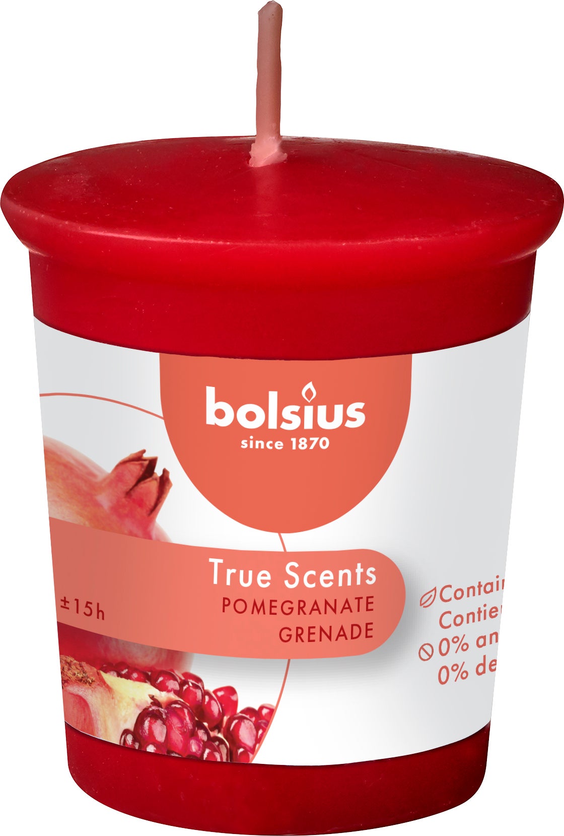 Bolsius geurkaars True Scents Pomegranate rood 15 uur D 4,5 H 5,3 cm