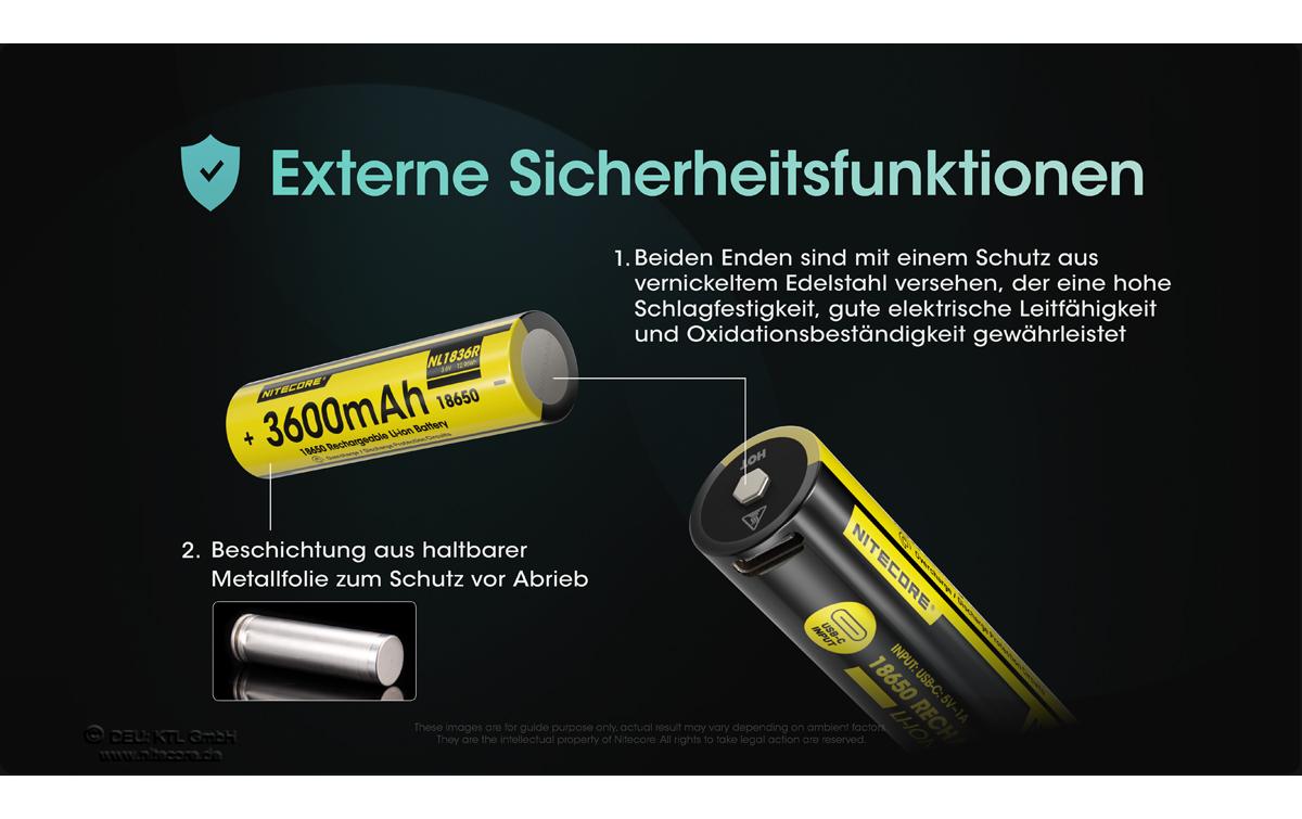 Akku NL1836R Li-Ion Typ 18650 mit USB-C 3600 mAh, 1 StückGeschützter Li-Ion-Akku