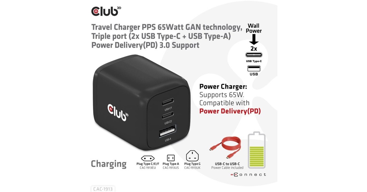 Club 3DTravel Charger 65W GaN  (Zwart)