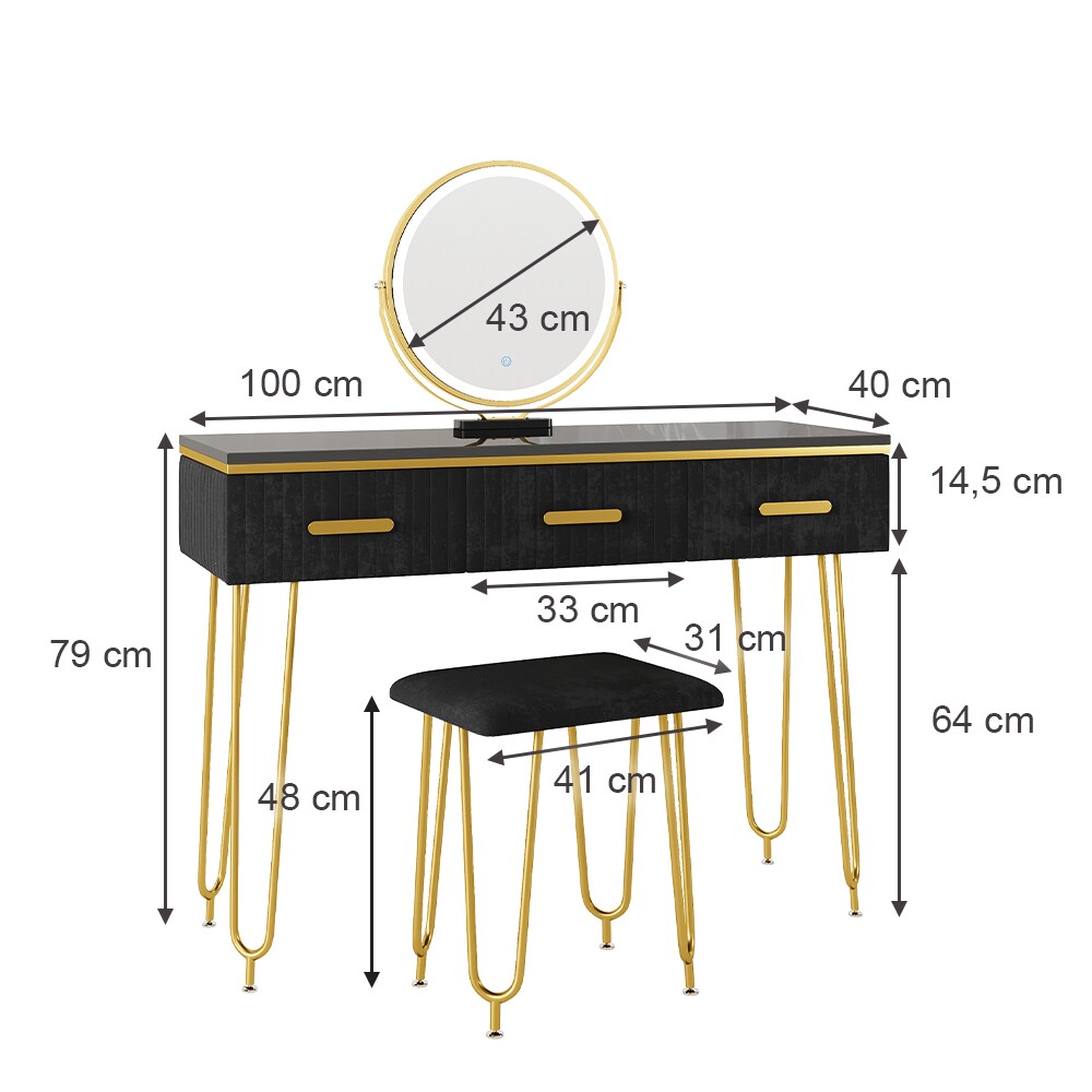 Vicco Schminktisch Layla 100x40cm, Schwarz, Frisiertisch mit LED-Spiegel & Hocker