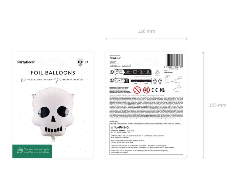 Partydeco Folienballon Schädel 36 x 4 cm, 1 Stück Gruseliger Folienballon für Halloween Partys