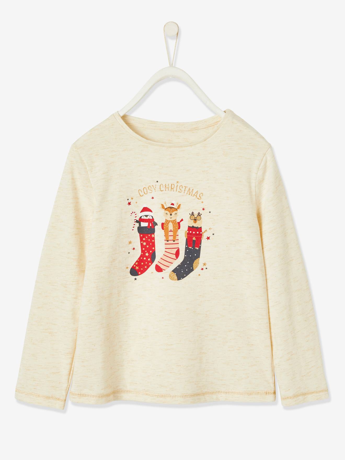Capa de pijama natalina aconchegante para meninas, em tecido mesclado branco claro.