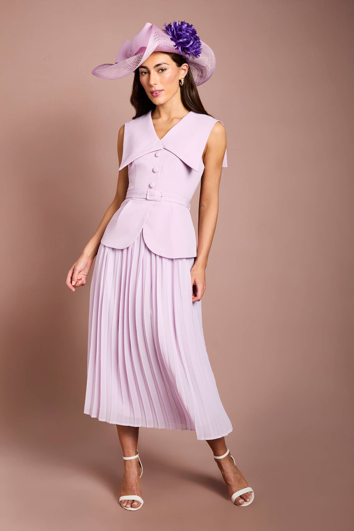 Coast Robe Midi Lisa Tan À Col Tailleur Et Corsage Style Gilet En Crêpe