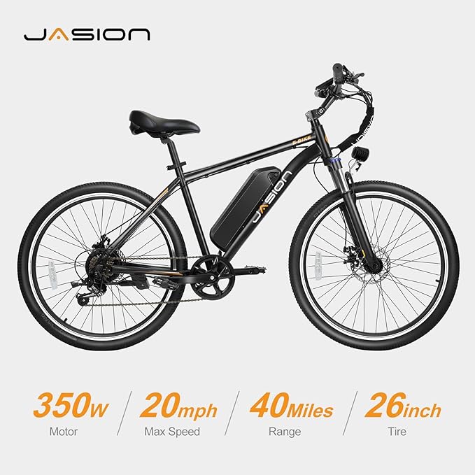 Jasion EB5 Electric Bike for Adults with 360Wh Removable Battery, 40Miles 20MPH Commuting Electric Mountain Bike with 350W Brushless Motor, 7-Speed, 26