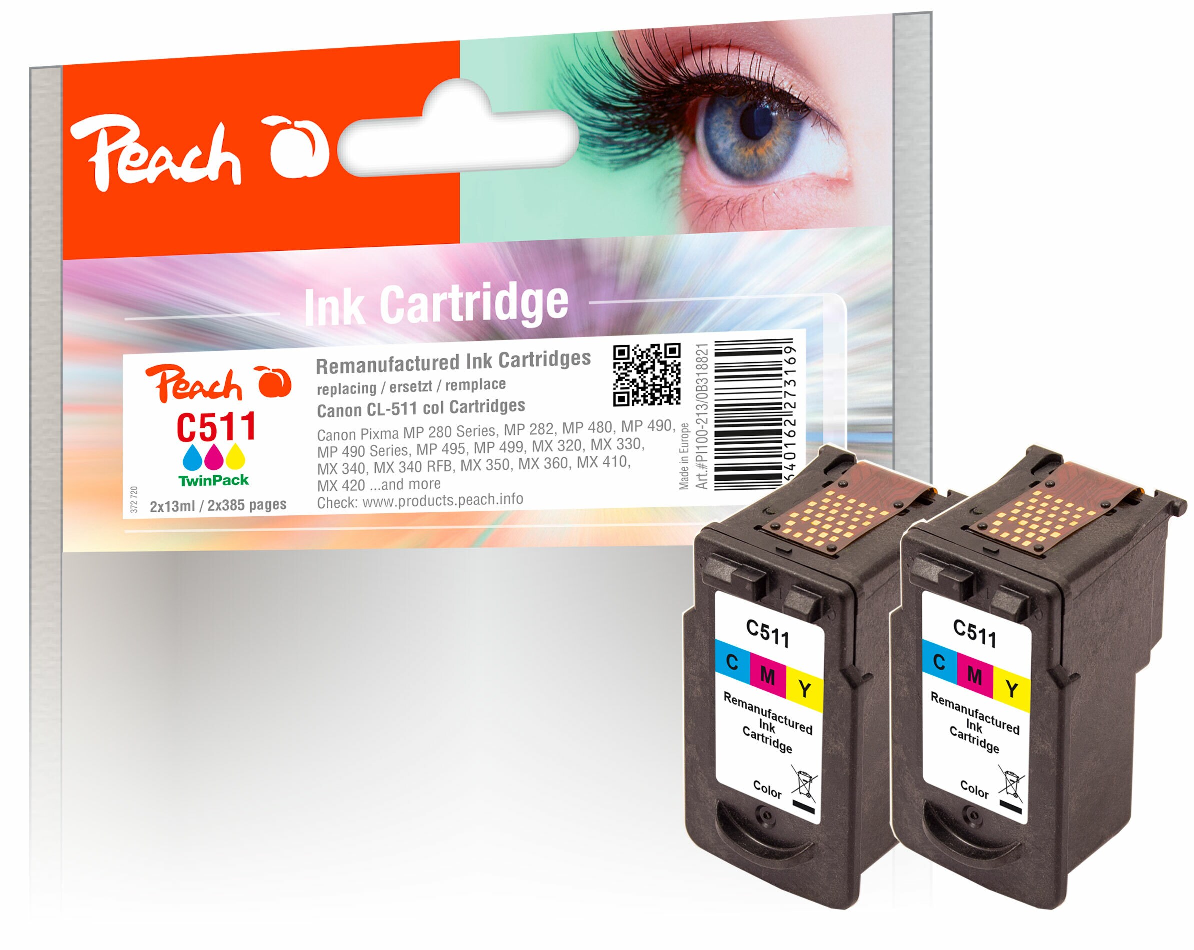 Peach C511 C 2 Druckköpfe 2*col ersetzt Canon CL-511C*2, 2972B001 für z.B. Canon Pixma MP 250, Canon Pixma MX 360, Canon Pixma IP 2700 (wiederaufbereitet)
