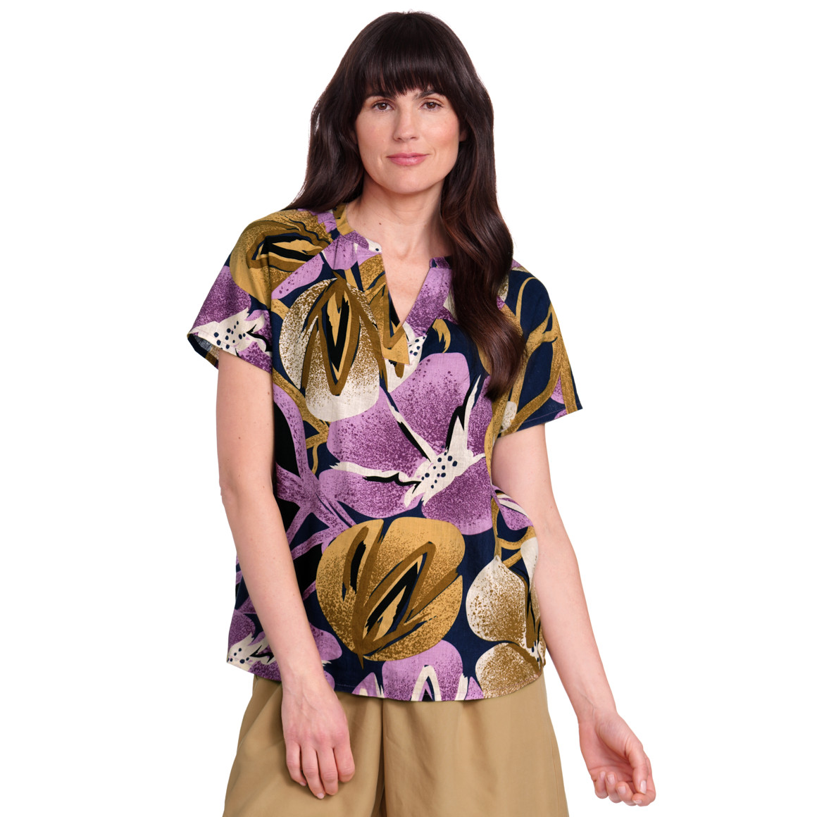 Gina Benotti Damen Leinen-Bluse mit kurzem Stehkragen dunkelblau / helllila / beige