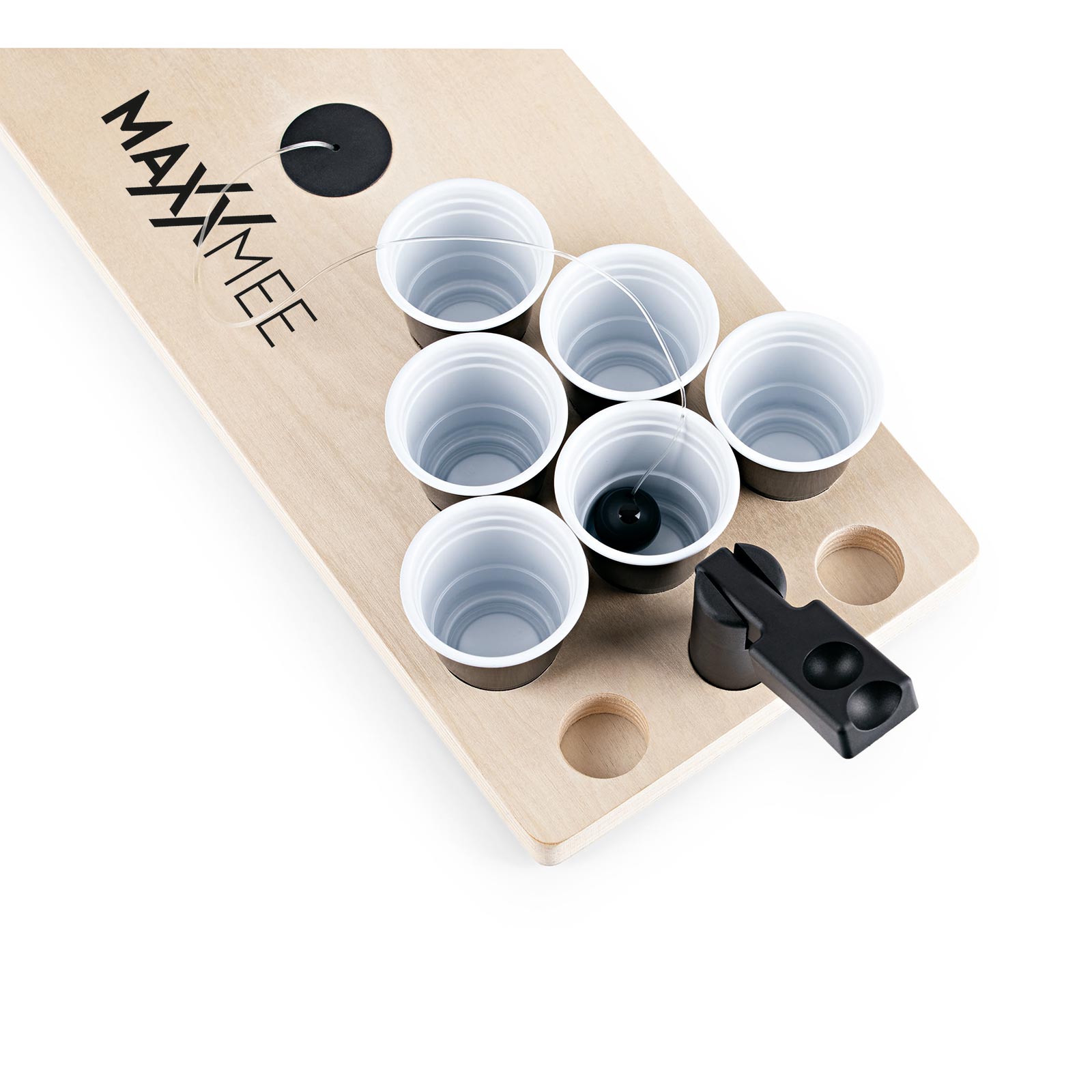 MAXXMEE Tischspiel Bier Pong - holzfarben-schwarz - Holzbrett - Ball mit Seil - 24 Trinkbecher