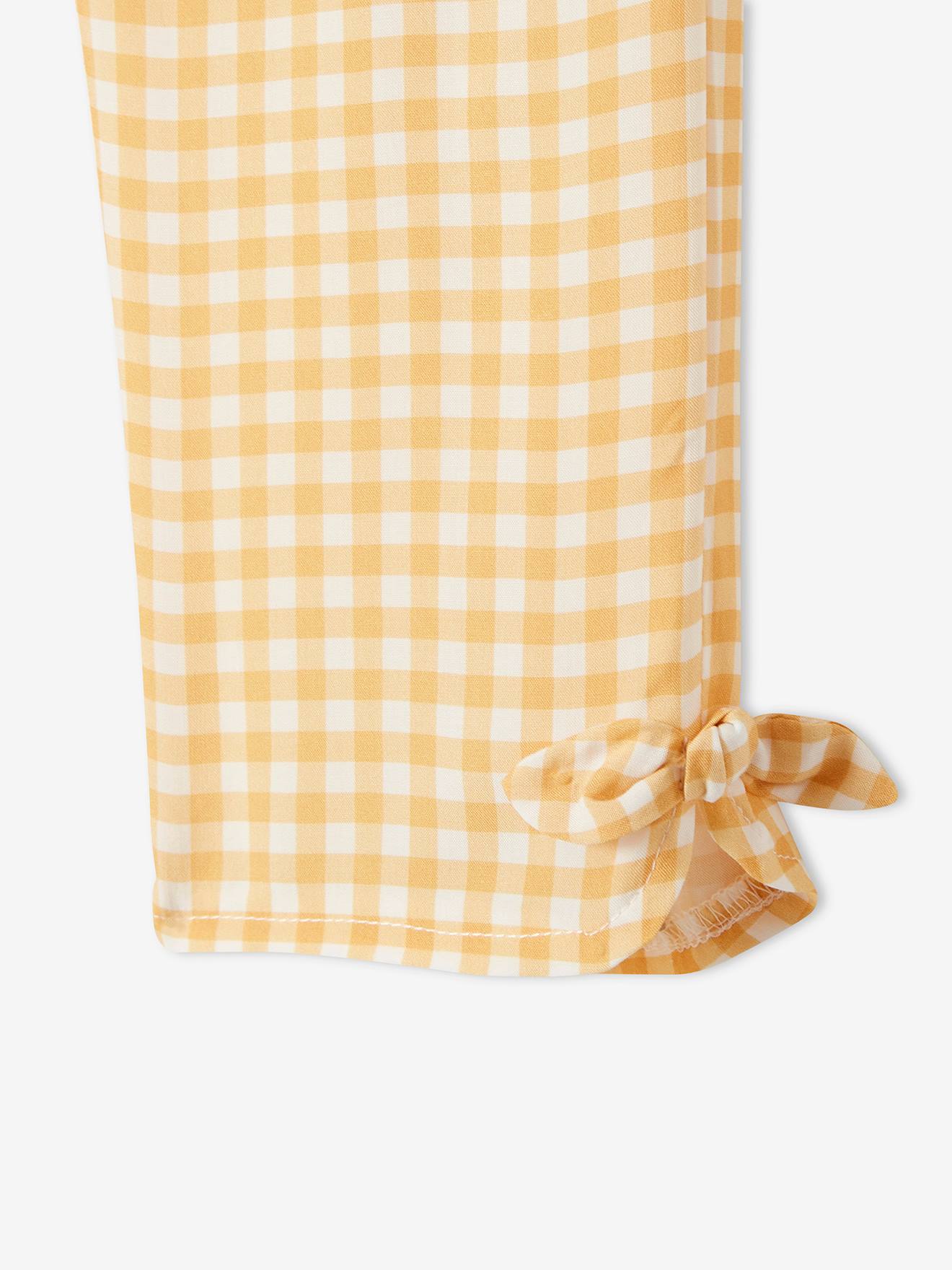 Calças curtas fluidas e estampadas para meninas, xadrez amarelo claro.
