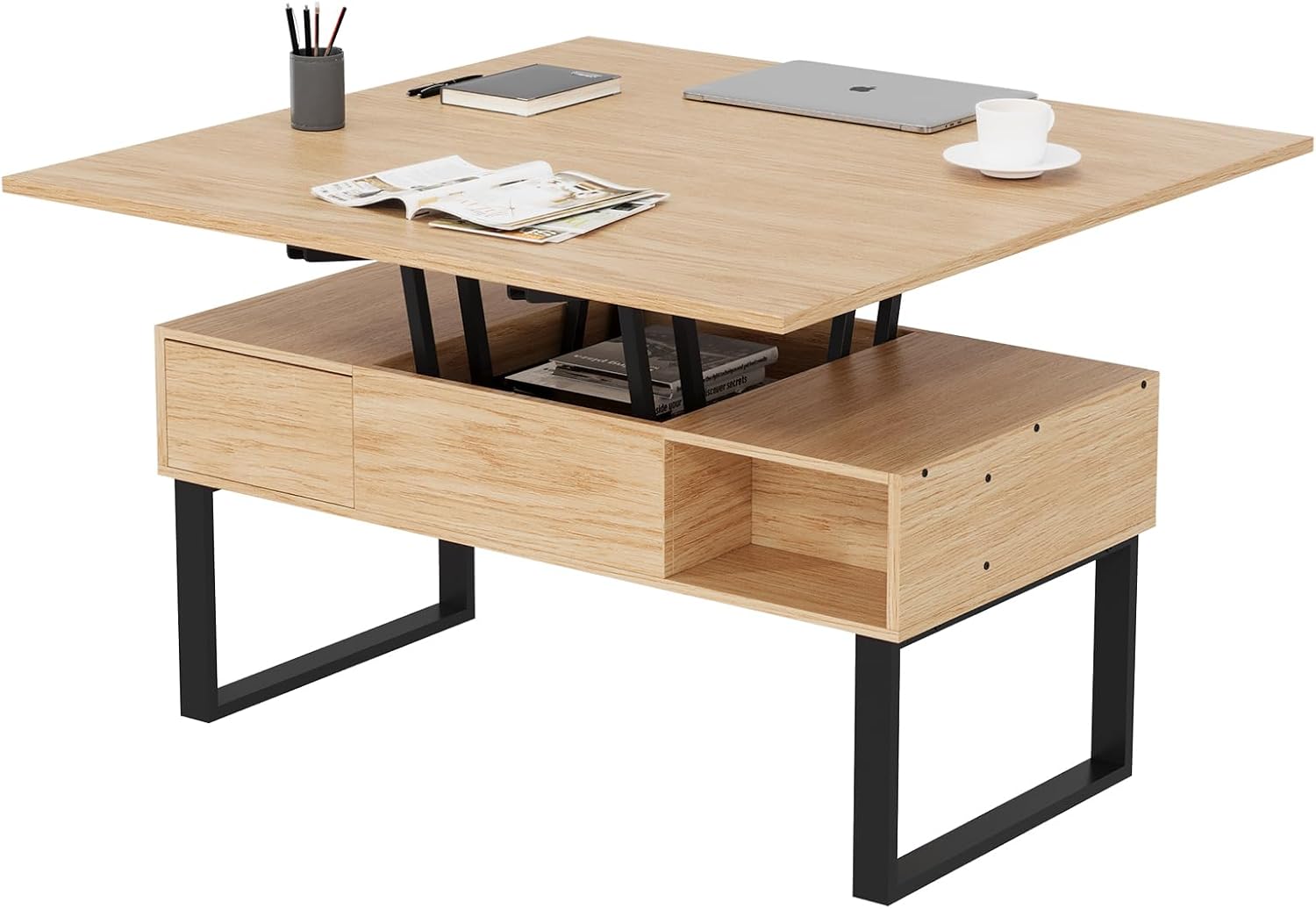 VOWNER Couchtisch Höhenverstellbar, 3-in-1-Multifunktions-Wohnzimmertisch mit 2 Schubladen & Versteckter Aufbewahrung, Als Esstisch Nutzbar, für Wohnzimmer, Büro (Holzfarbe)