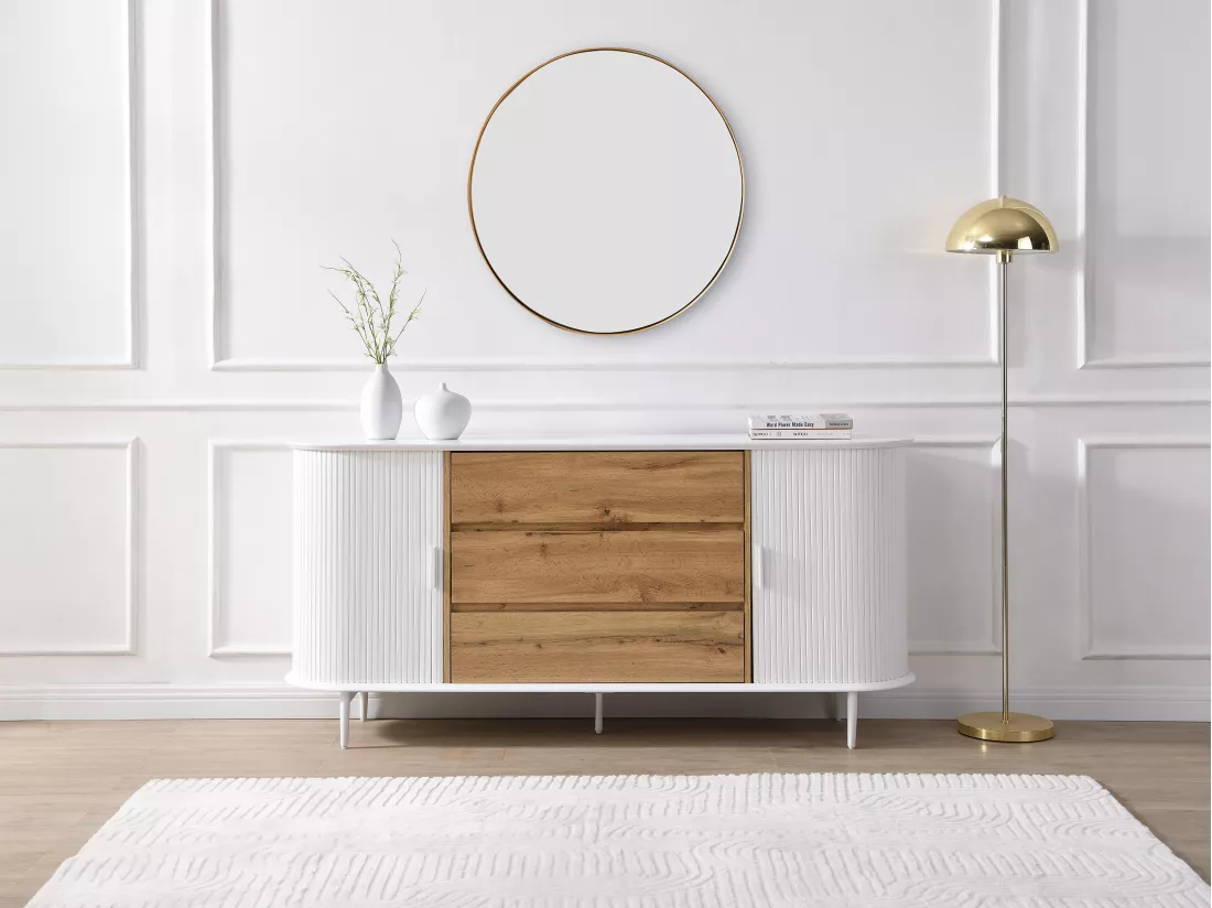 Buffet avec 2 portes coulissantes et 3 tiroirs en MDF - Blanc et naturel - VELURANI