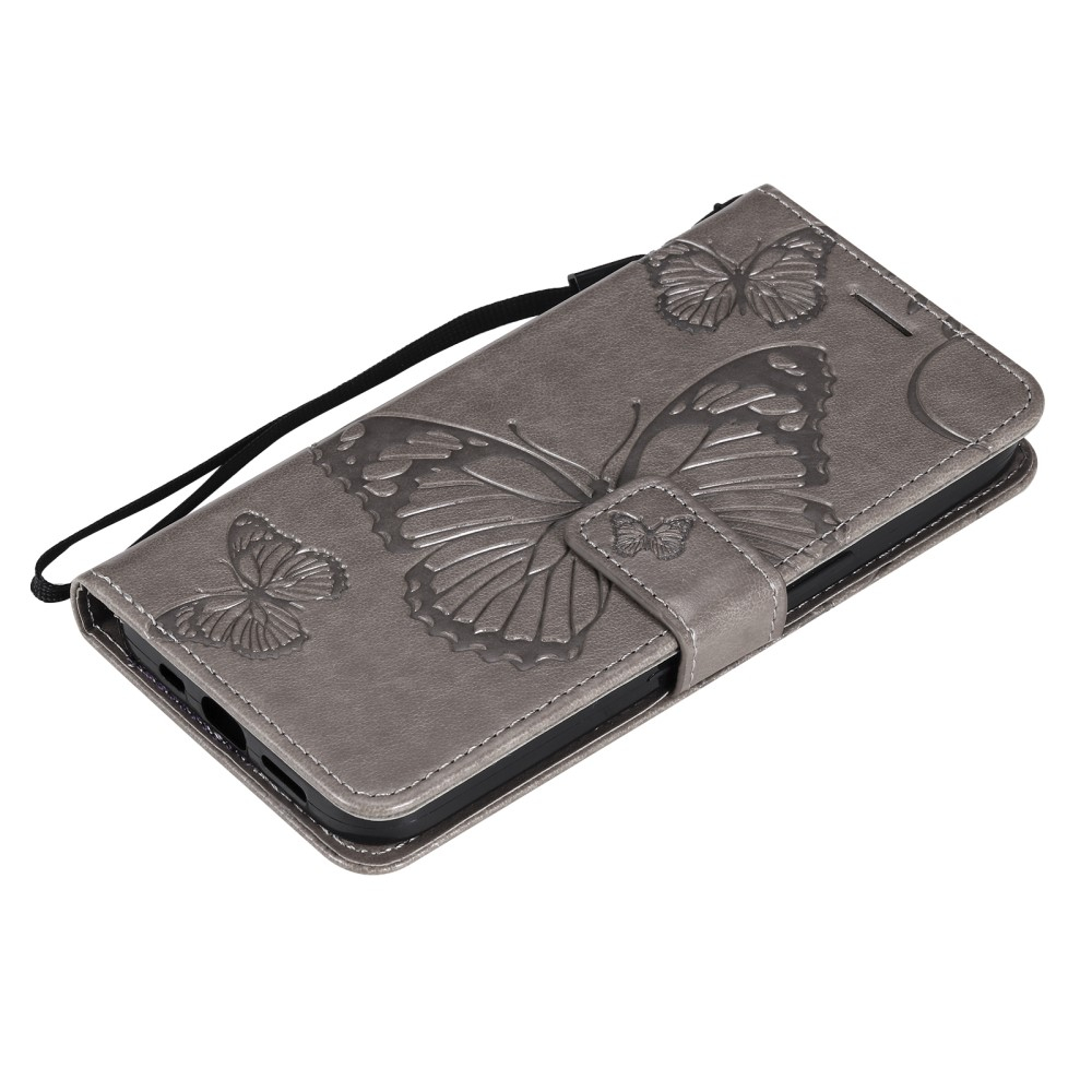 iPhone 13 Leder Tasche mit Kartenfach   Handschlaufe Schmetterling - Grau