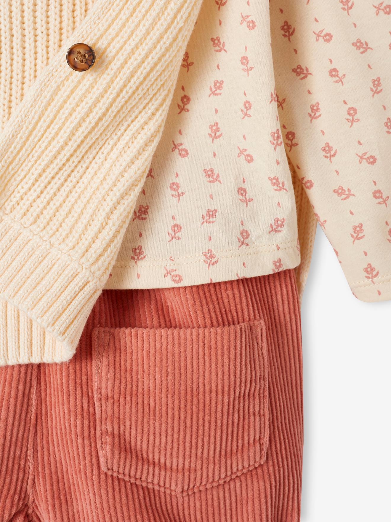 Conjunto de roupa de bebê de 4 peças: camiseta + shorts + suéter + meia-calça rosa-claro