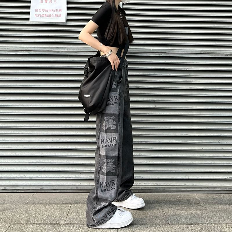 LINSI - Baggy jeans met hoge taille en grafische print