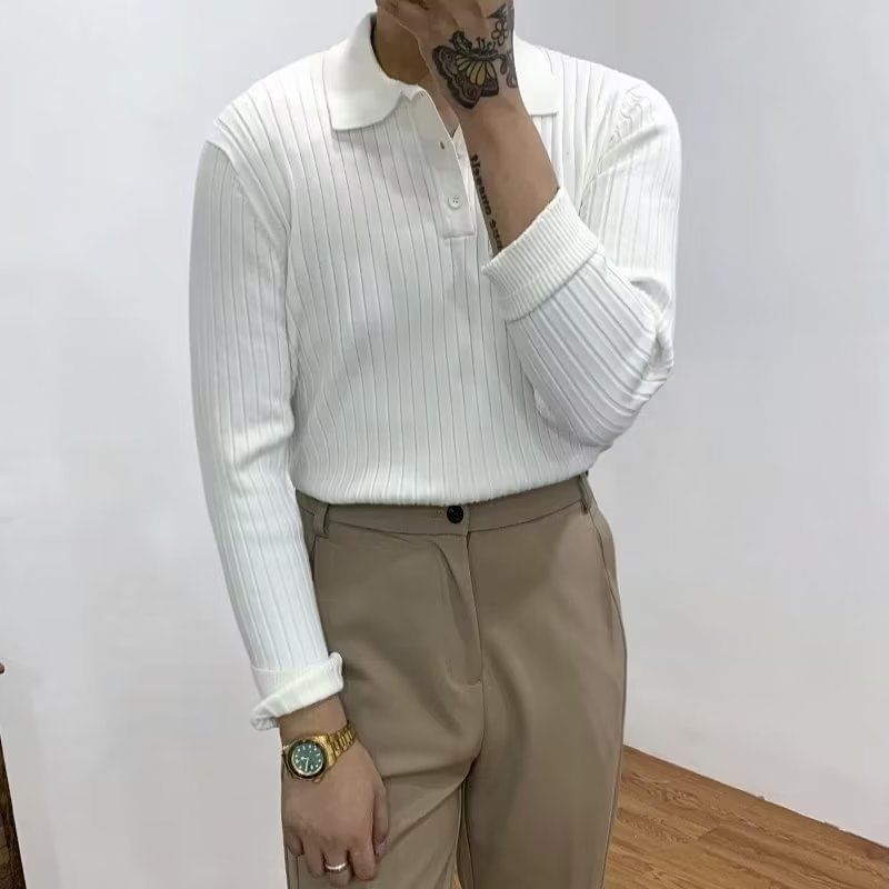 Lefitt - Poloshirt met lange mouwen en open knoopsluiting, effen gebreid
