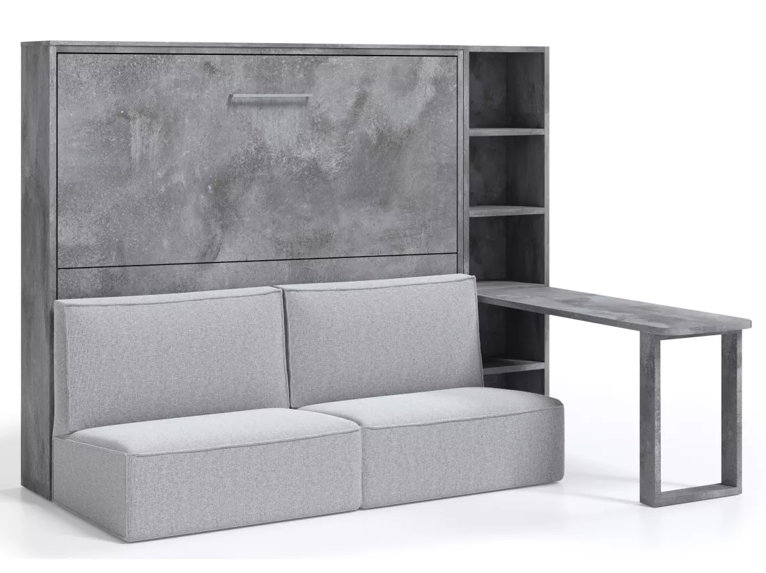 Lit escamotable 160x200 canapé etagere bureau Prolok-Avec matelas-Canapé Noir-Avec étagère-Structure et Façade Blanche-Avec bureau
