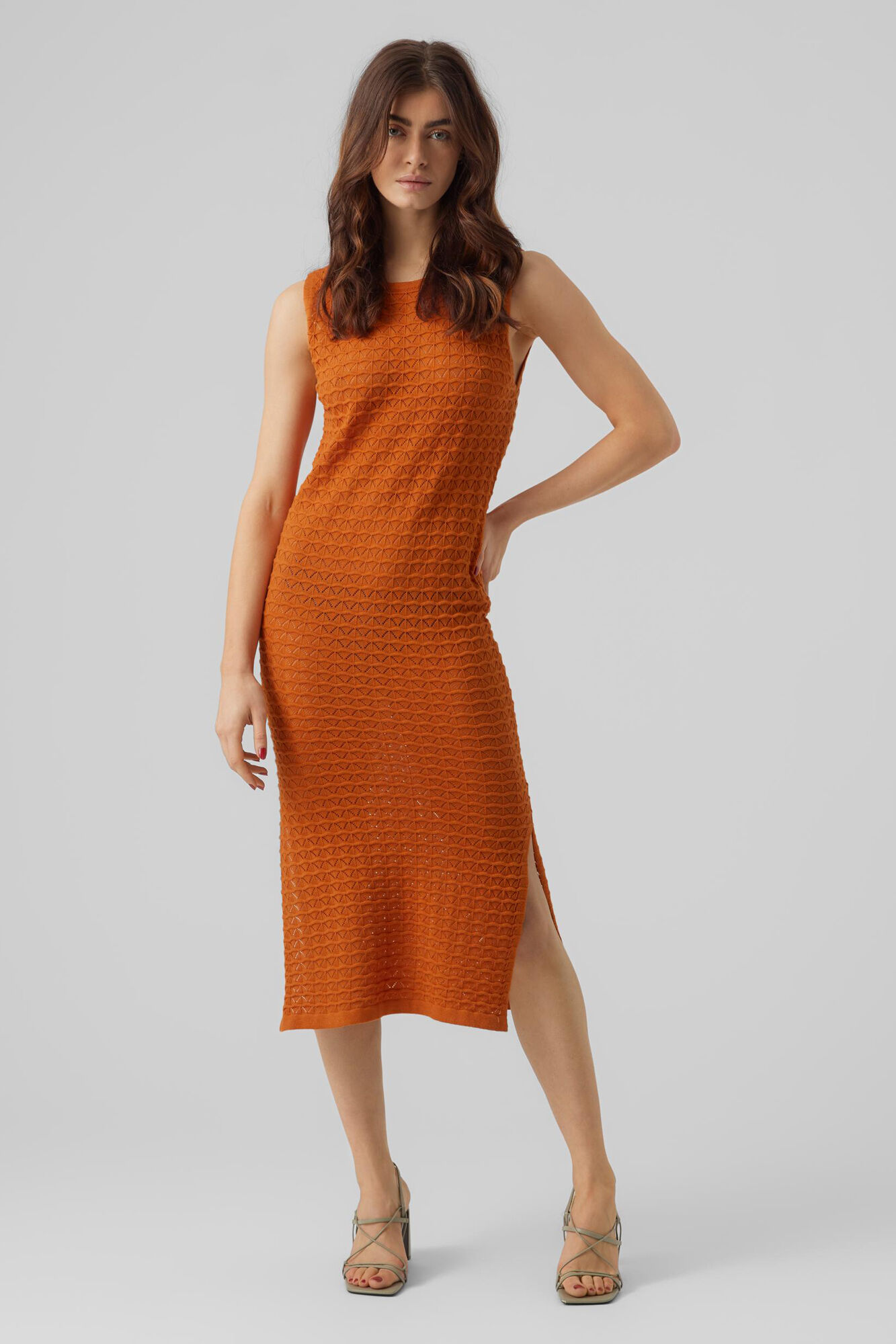 Vestido midi de crochê sem mangas - Laranja