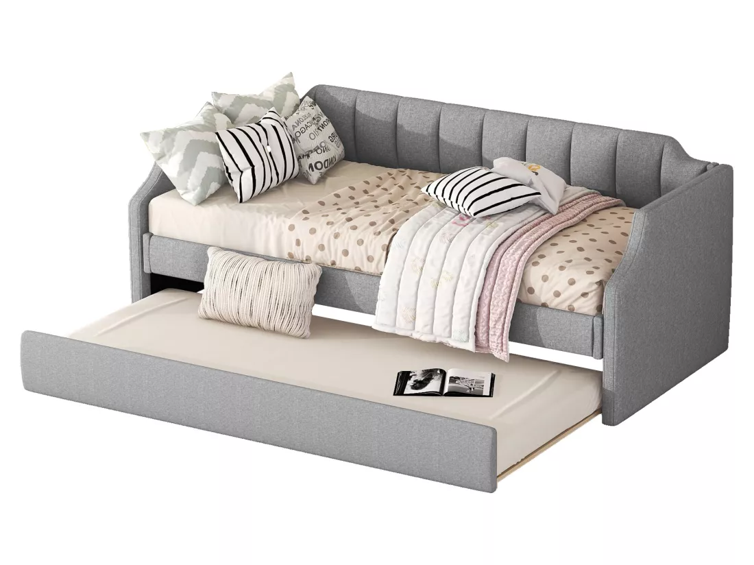 Lit gigogne 90x190/200cm en tissu de lin - avec sommier à lattes - Gris