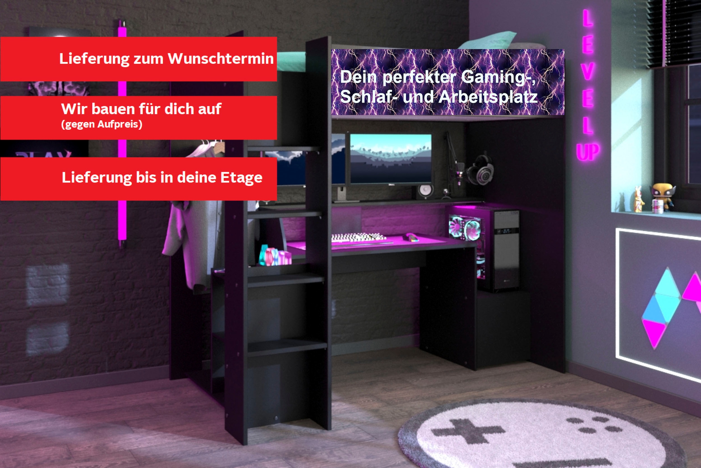 Parisot Hochbett »Meddox, TOPSELLER! OTTOs Choice, Gamerbett,  LED, Schreibtisch« Gesamtaussenmasse B/T/H  203,7/94,4/180 cm,  Kleiderstange, viel Stauraum, ideal für kleine Räume, ALL-IN-ONE Bett