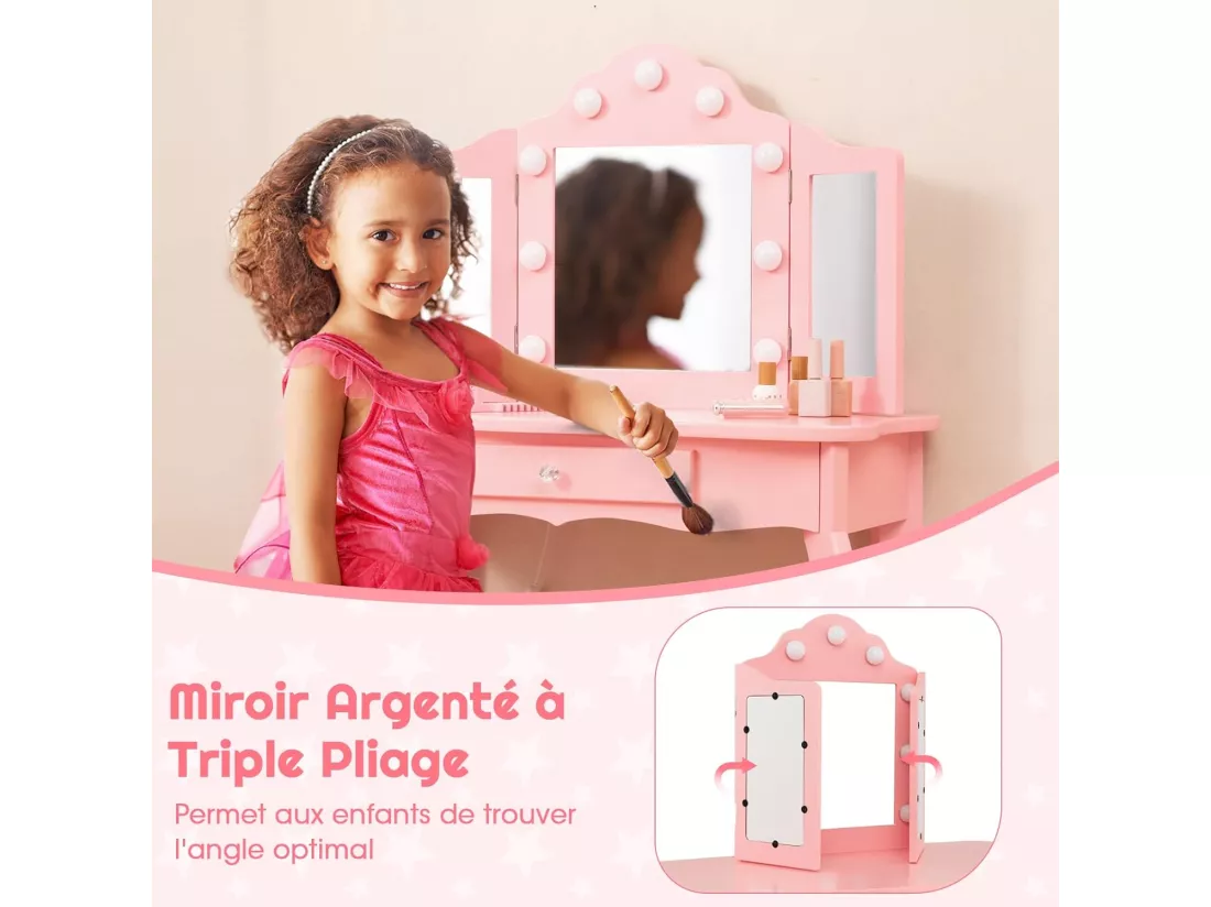 2 en 1 Coiffeuse Enfants et Tabouret avec Miroir Amovible à Trois Volets & Lumières LED, Table de Maquillage Princesse avec Tiroir de Rangement, Bureau Enfants de 3 Ans+, 70x34x103CM(Rose)