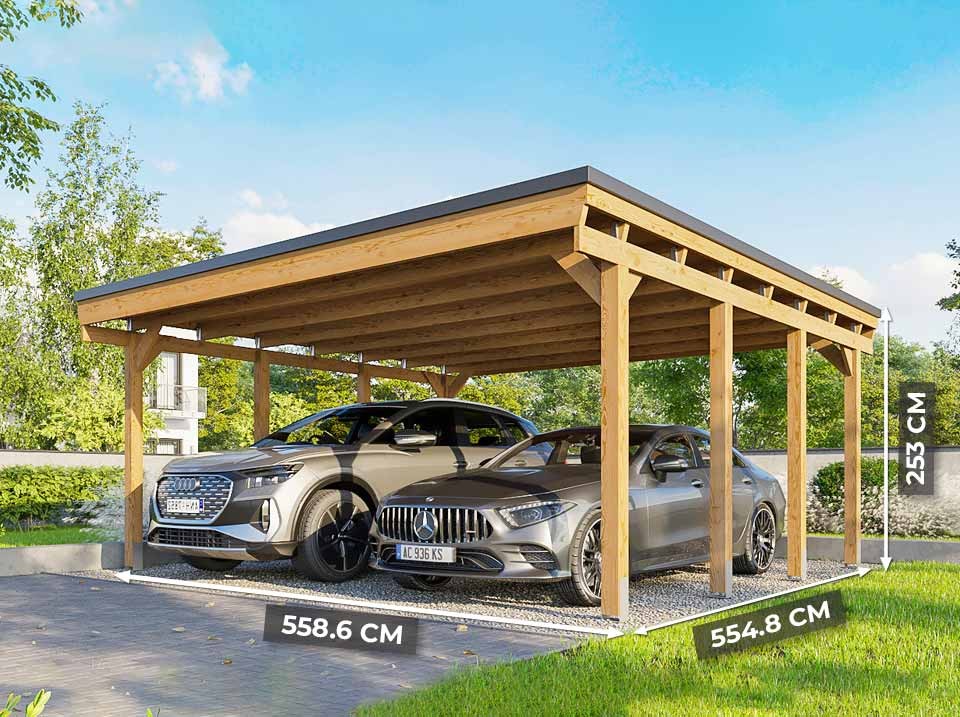 Carport bois castellane - 558x555 - panneau latéral intégré - toiture en bois + feutre bitumeux - abri 2voiture