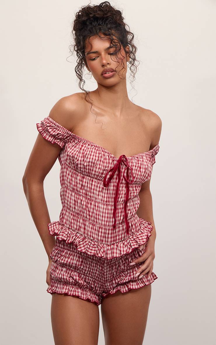 Rouge Combi-short Vichy À Volants Épaules Dénudées
