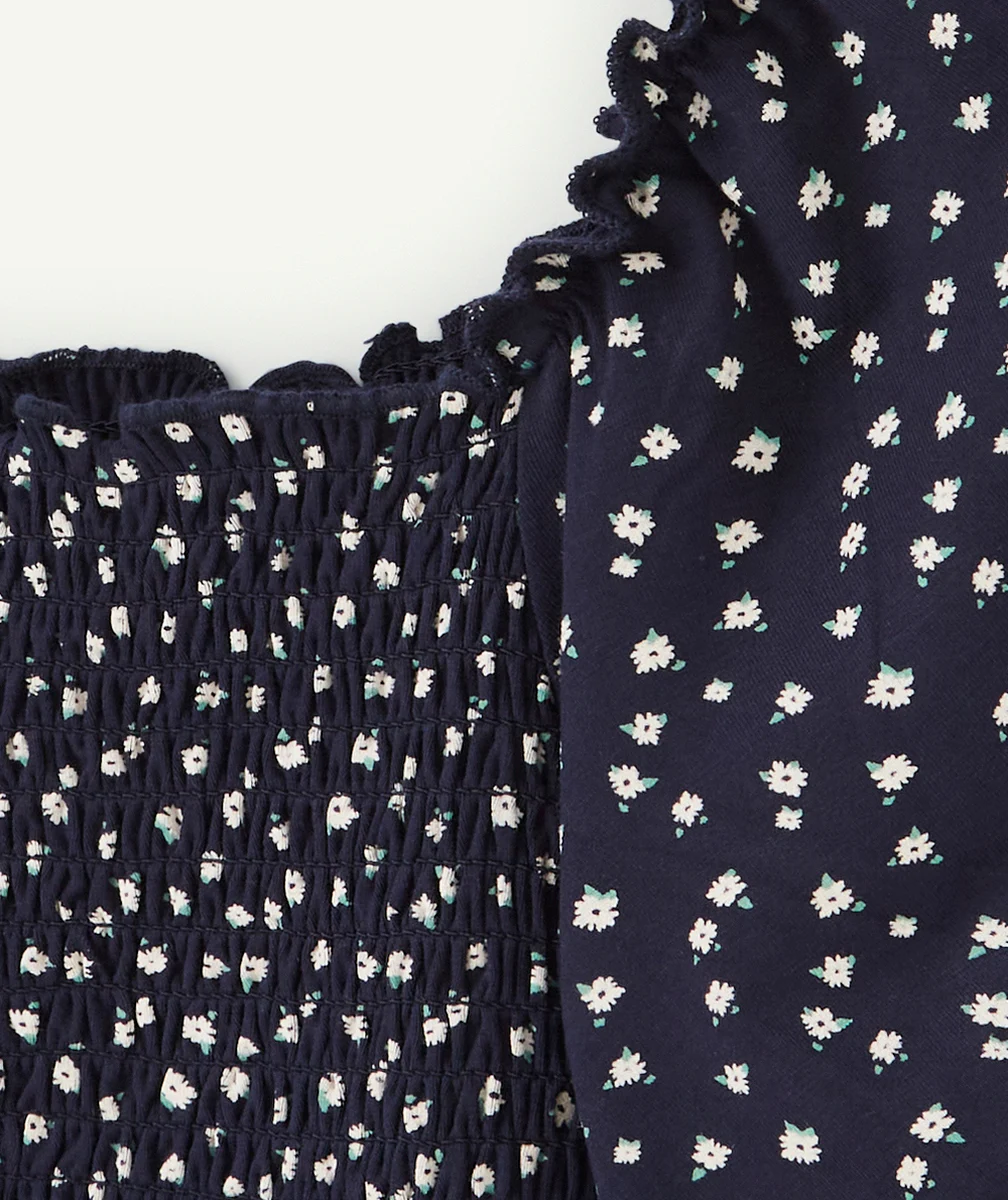 T-SHIRT COL BARDOT FILLE BLEU MARINE AVEC IMPRIMÉ FLEURI