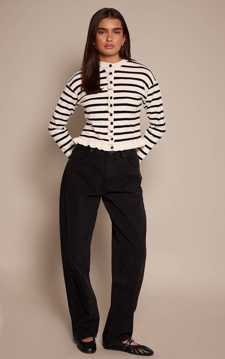 Noir Cardigan Tricoté À Rayures Avec Ourlet À Volants
