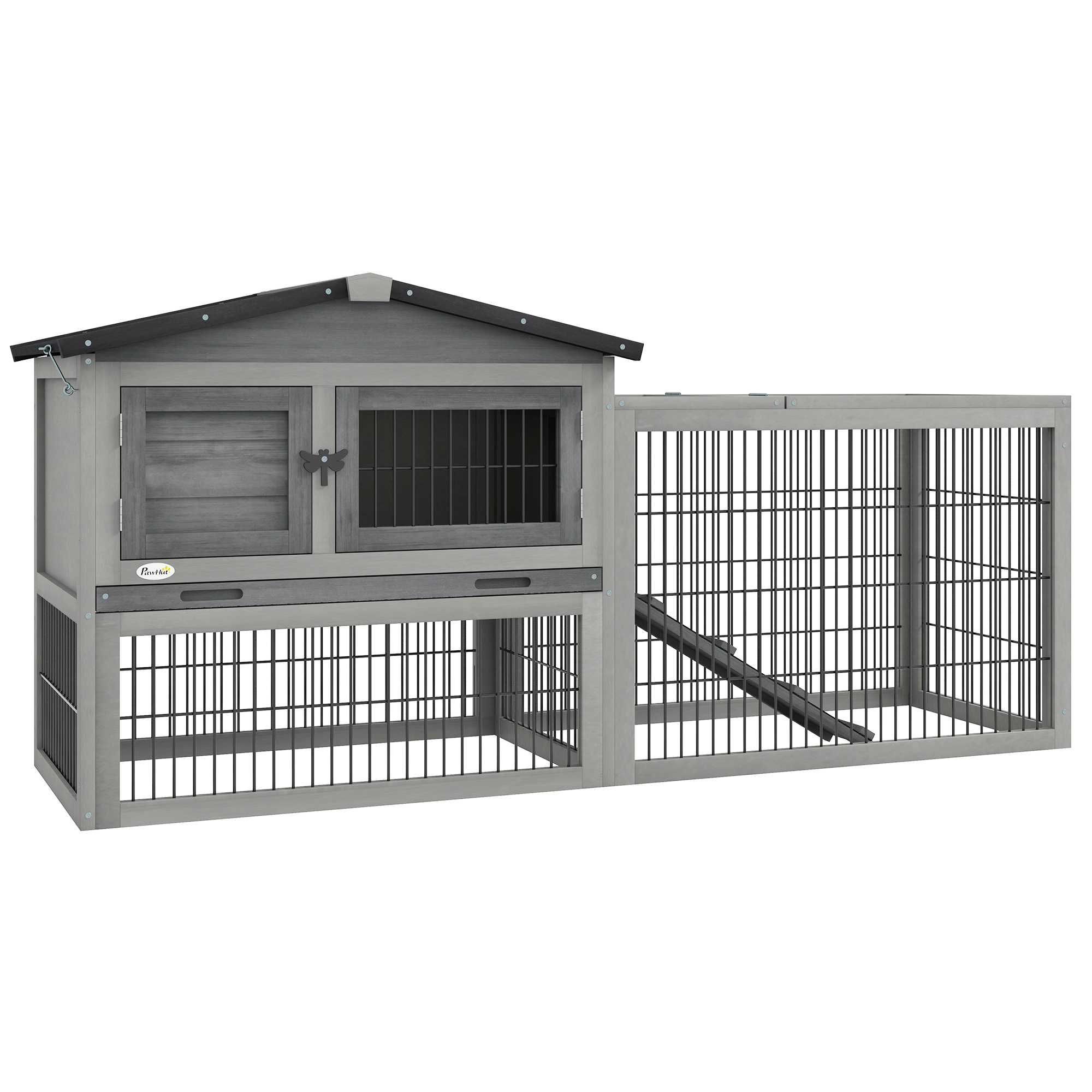 Gaiola de madeira para coelhos PawHut, tamanho grande (150x52x68 cm), para 1 a 2 coelhos, com telhado articulado de asfalto, bandeja removível e rampa, cinza.