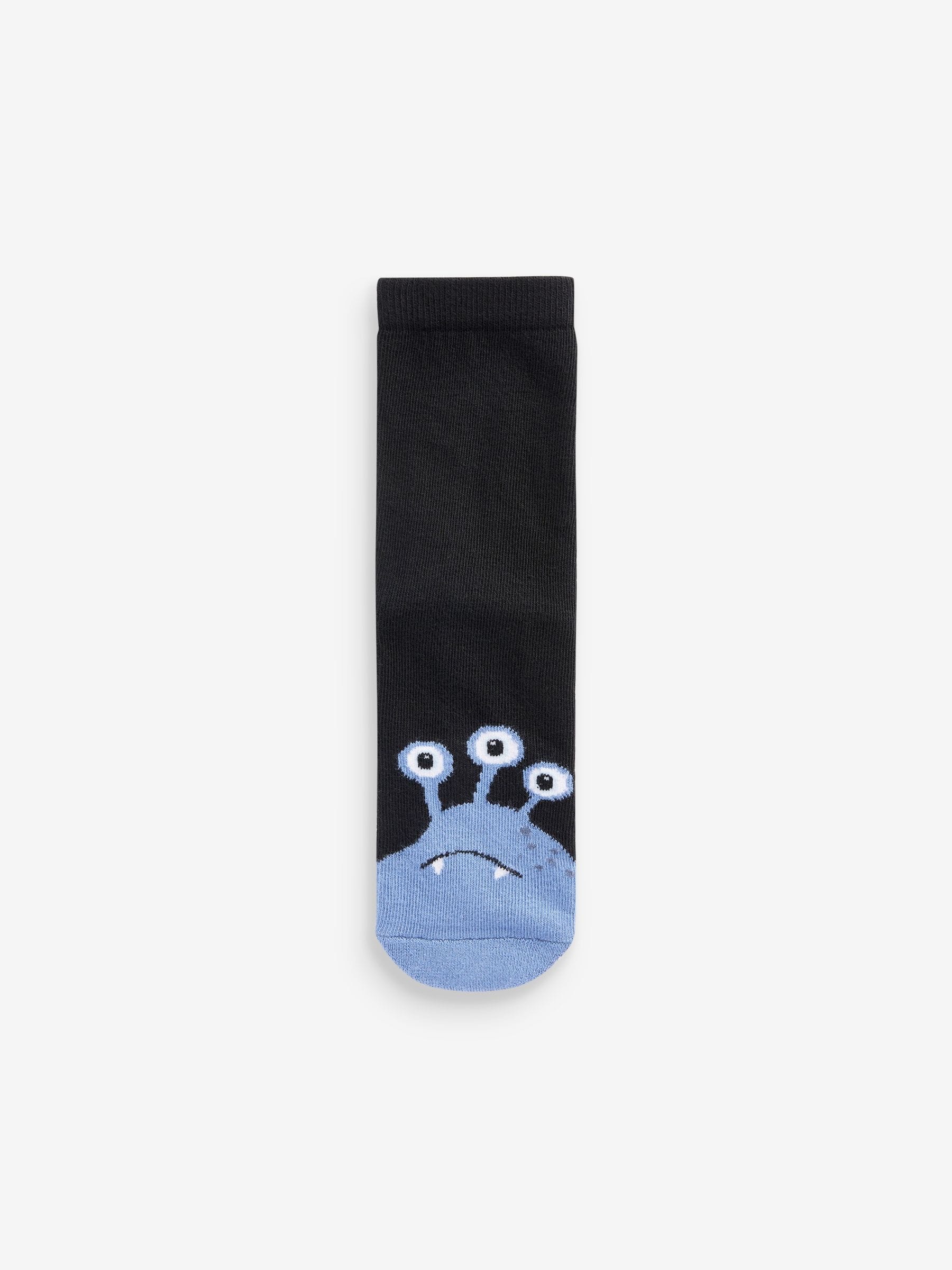 Zwart met monsters in tinten blauw - 7 Paar verzachte sokken met hoog katoengehalte