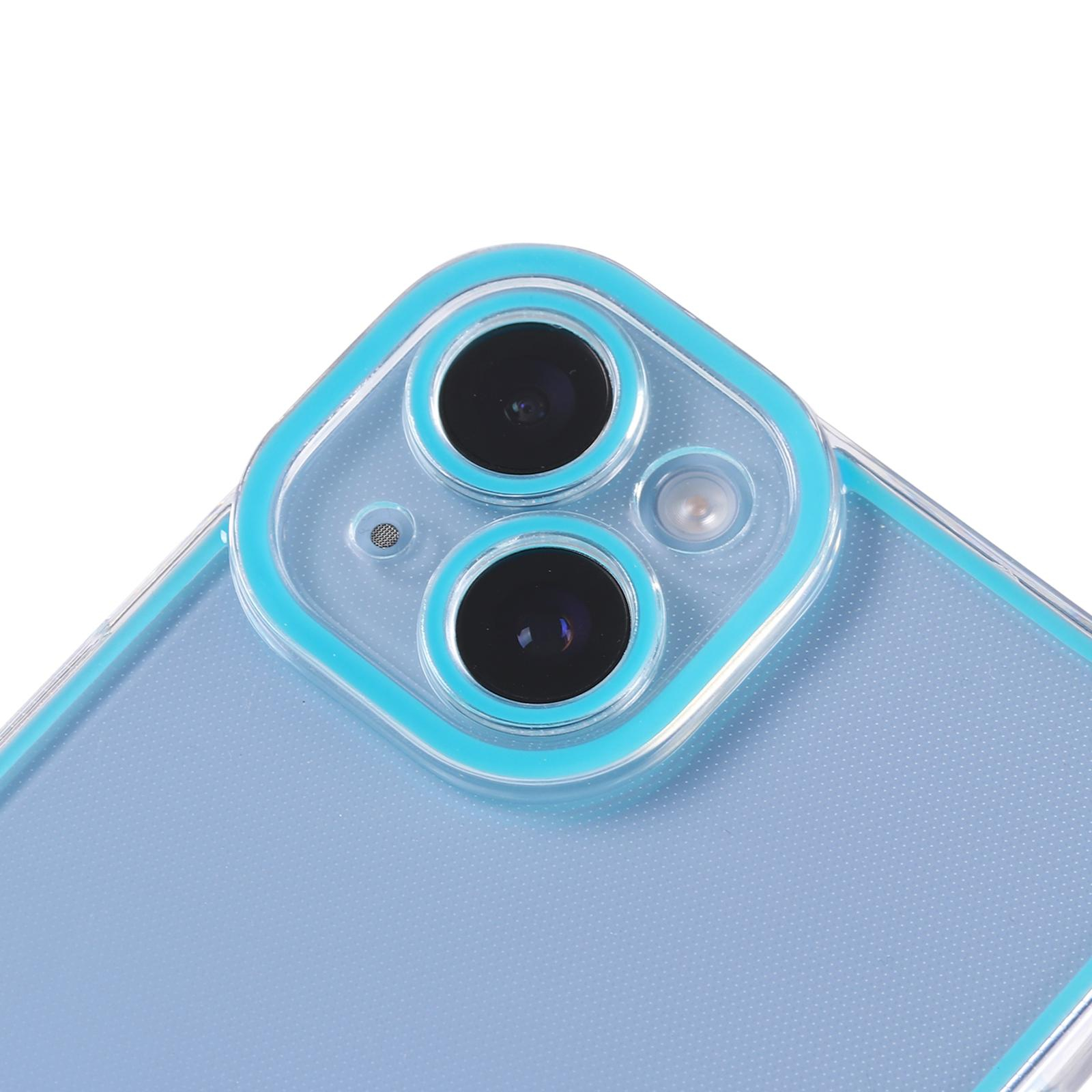 iPhone 14 Gummi Case Hülle mit Fluoreszierendem Rahmen - Blau / Transparent