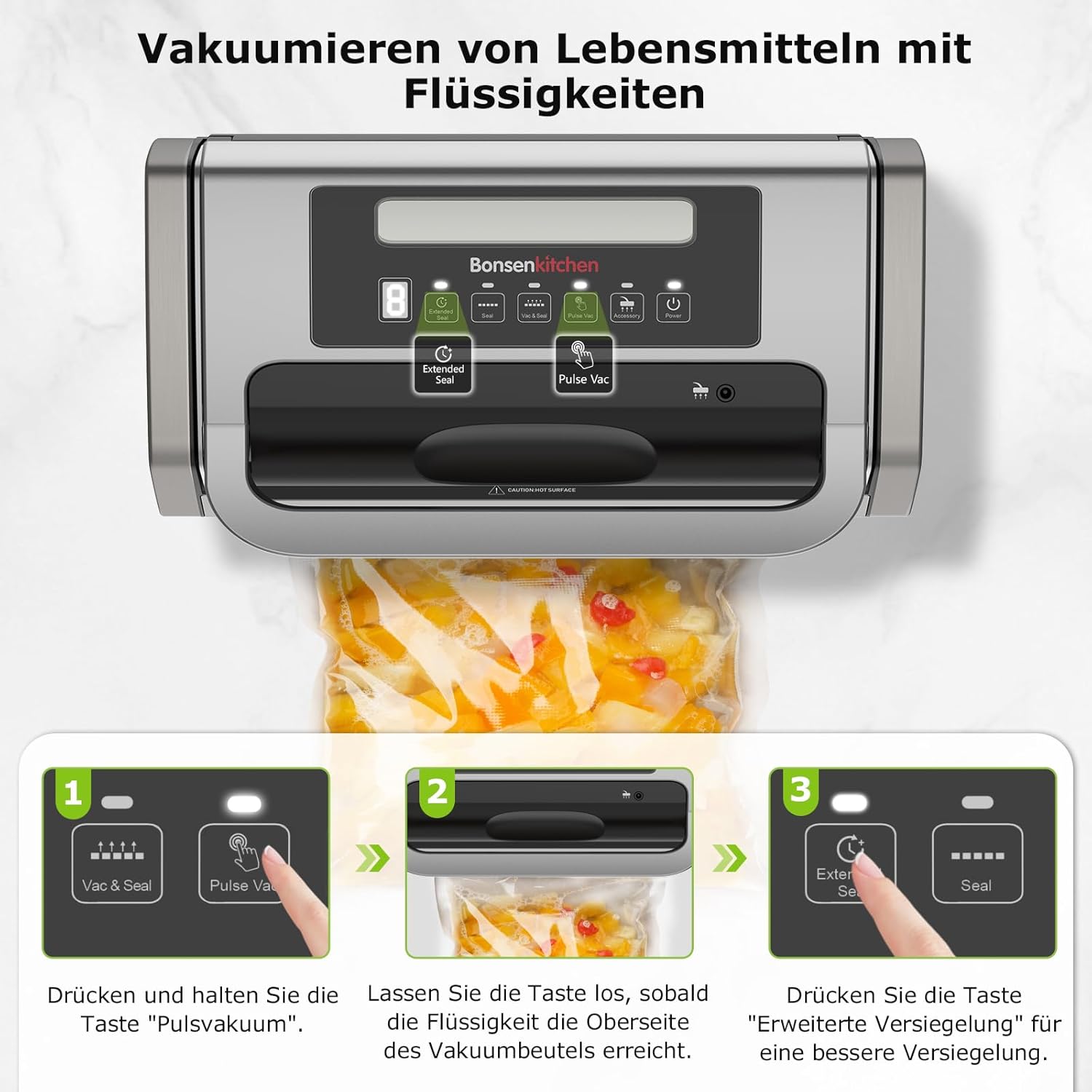 Bonsenkitchen Vakuumiergerät, Vakuumierer-15L/Min Hochleistung, Testsieger Sehr Gut, Design mit Griffverriegelung und Integrierter Schneider, inkl.2 Rollen Vakuumrollen, Silber