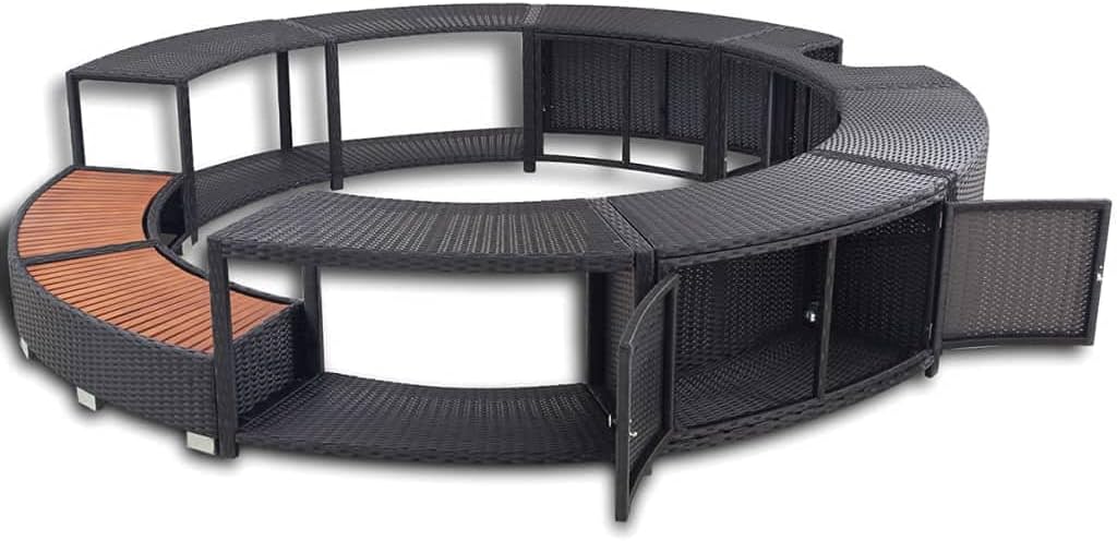 vidaXL Umrandung mit Stauraum für Whirlpool Spa Schwimmbecken Poolumrandung Poly Rattan Schwarz Hartholz Rund Pulverbeschichteter Stahl