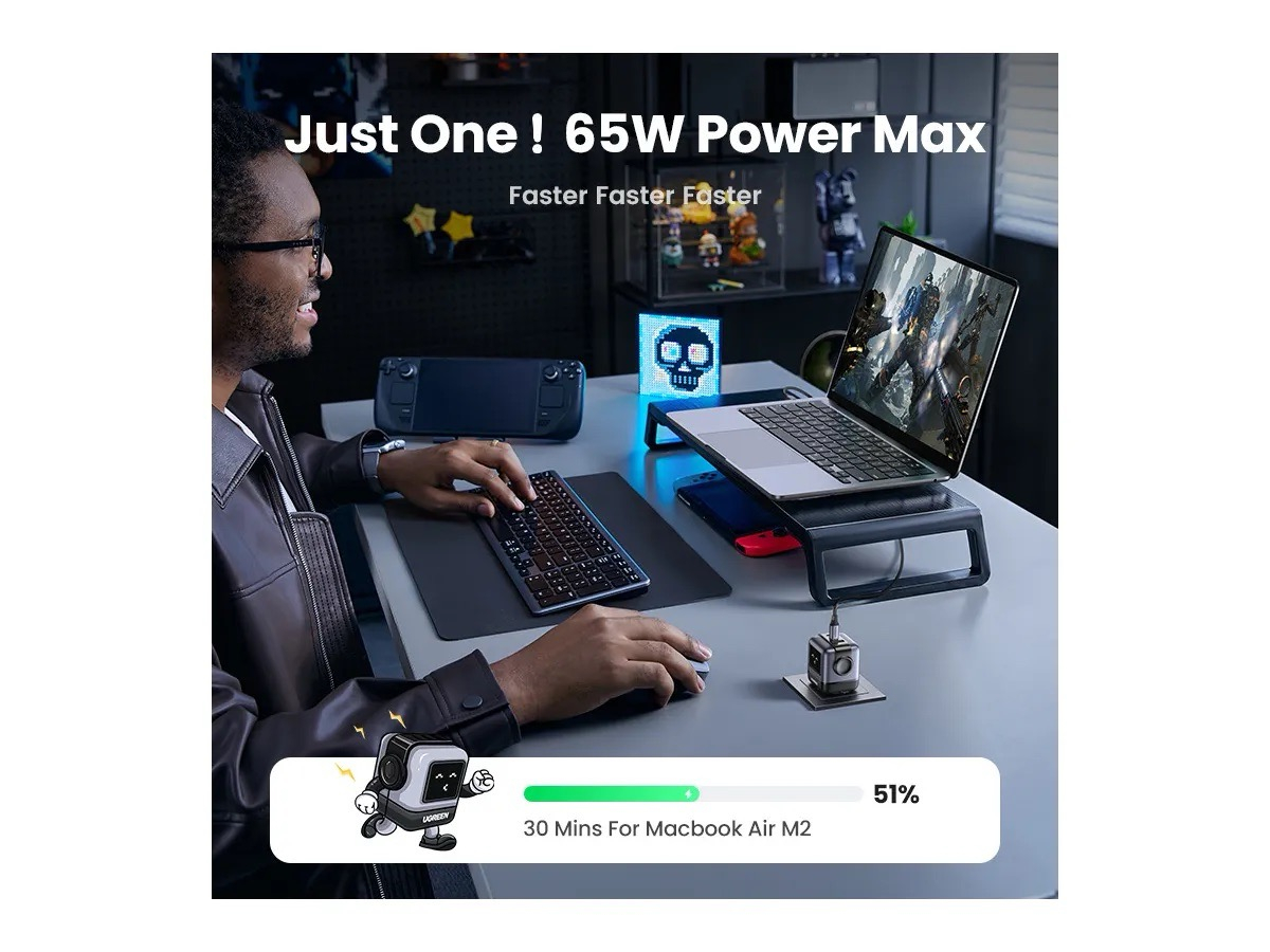 (65W) Nexode RobotGaN Dual USB C / USB A Ladegerät Netzteil Power Delivery 3.0 / Quick Charge 4.0 mit LED Display (25685B) - Schwarz