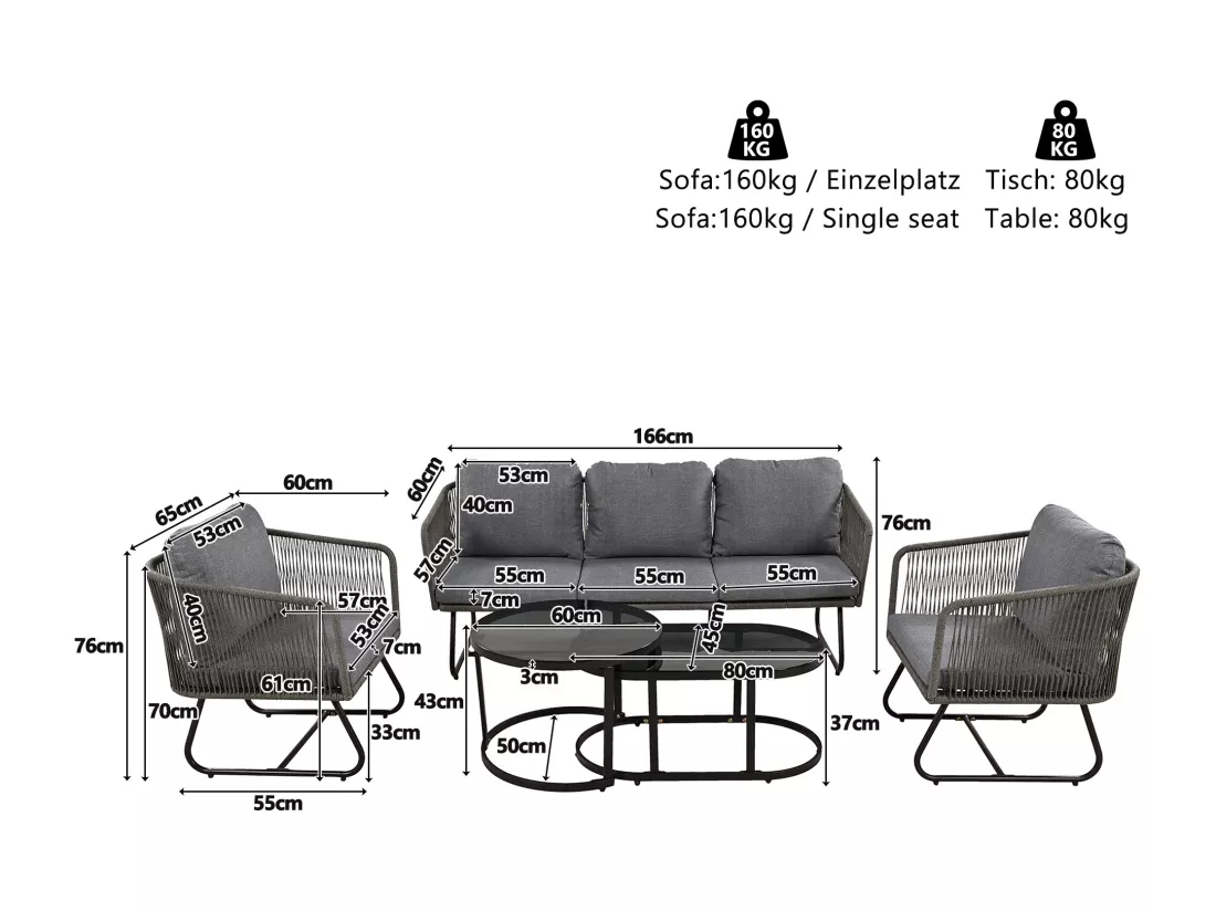 Salon de jardin modulable en fer galvanisé : 1 canapé 3 places + 2 fauteuils + tables basses gigognes - Gris