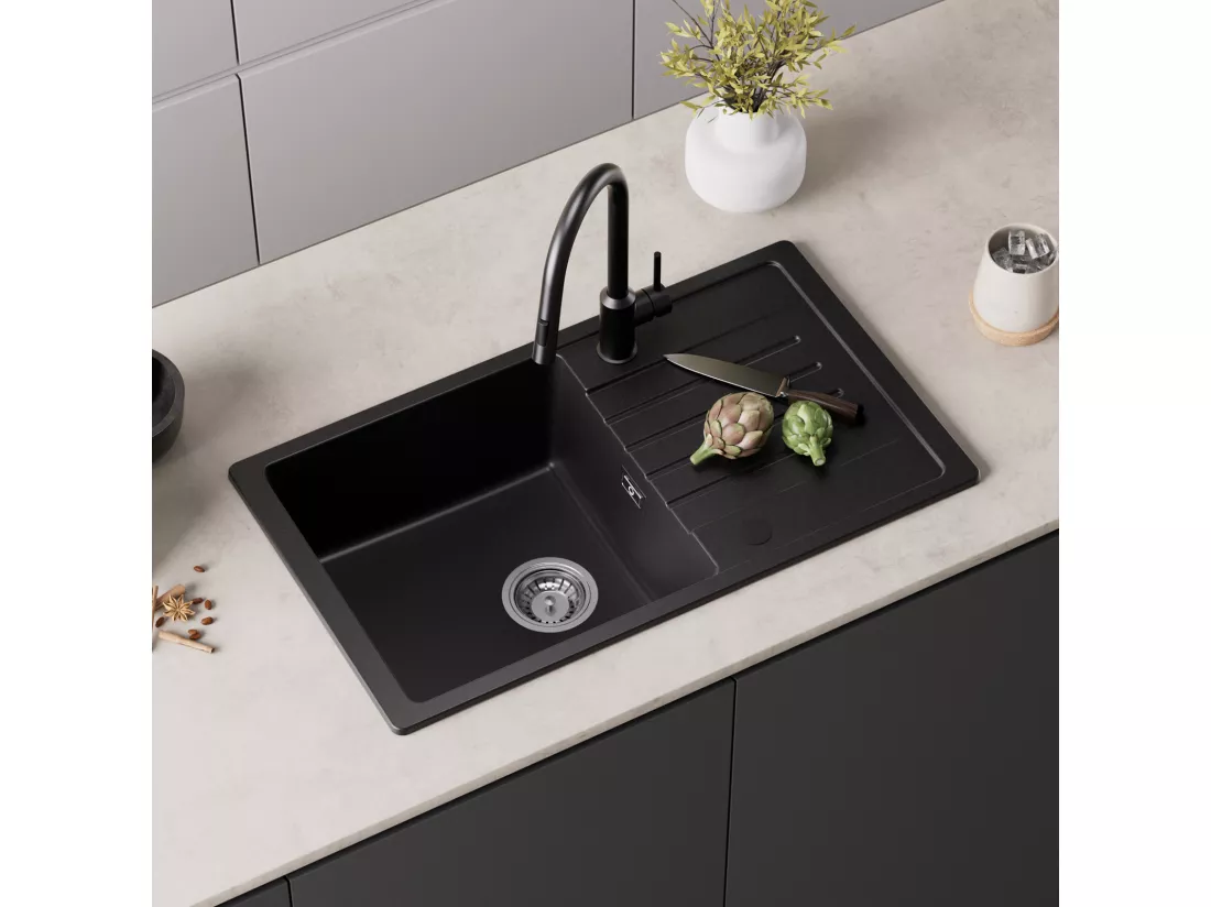 Cecipa max 78x45cm Evier 1 Bac avec Egouttoir Evier à encastrer Quartz et résine Noir + Robinet avec Douchette Mitigeur d'évier Extractible Brossé