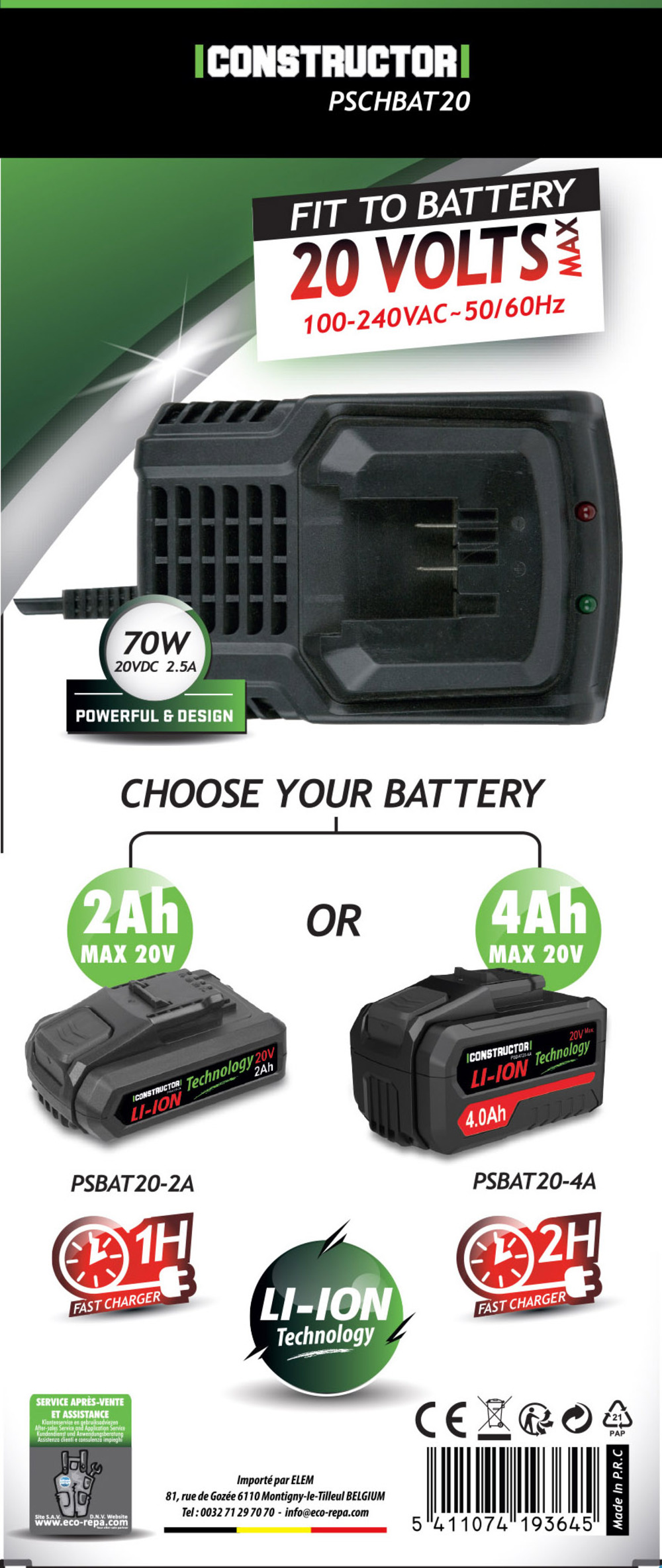 Chargeur rapide pour batterie 20v max constructor